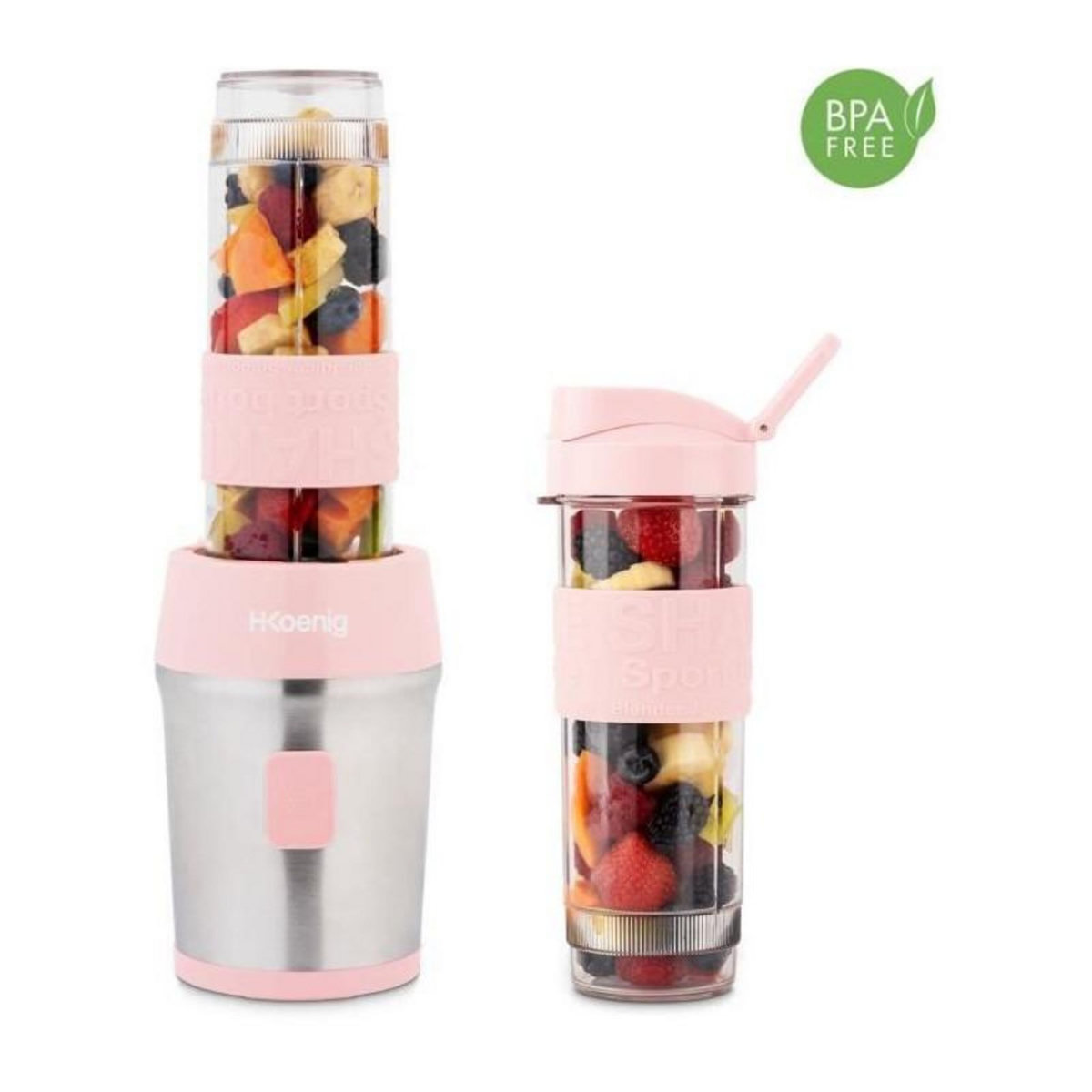 HKOENIG Mini blender - SMOO12 - 300 W - 570 mL - Rose pastel - 2 gourdes incluses