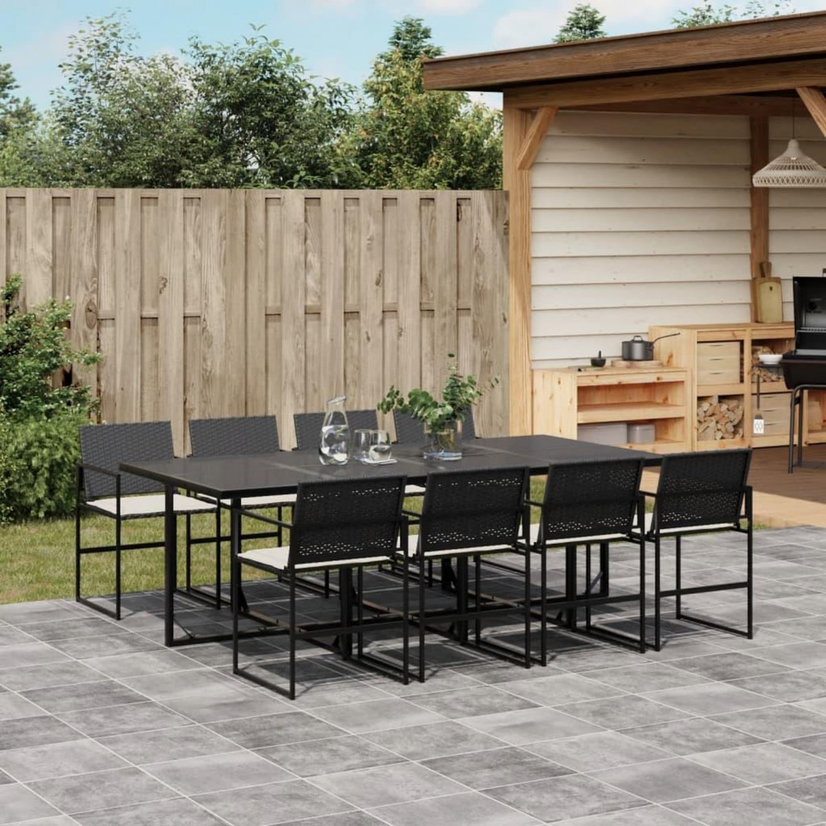 VIDAXL Ensemble a manger de jardin 9pcs coussins noir resine tressee