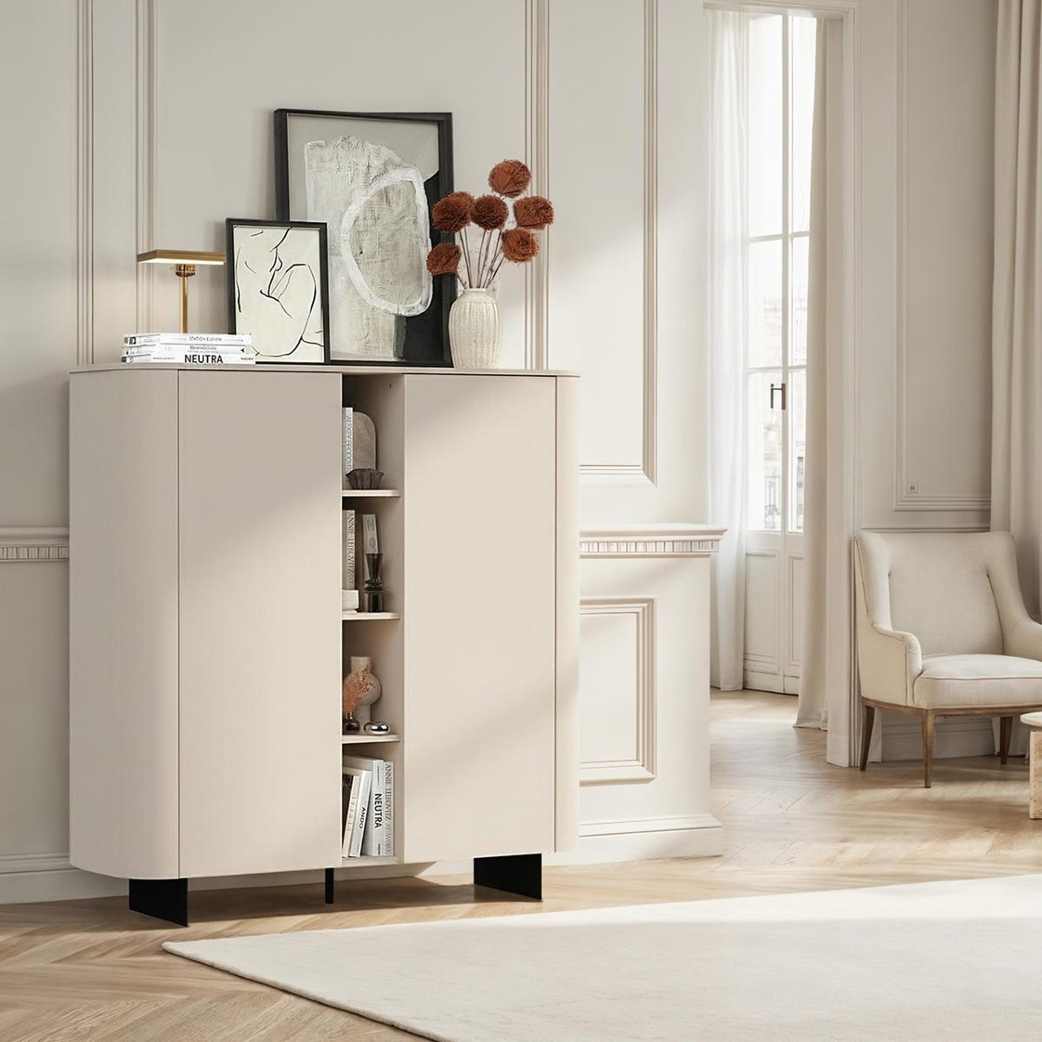 Voir la diapositive 2 : JLC KREATION Buffet haut moderne 2 portes beige cachemire isabela