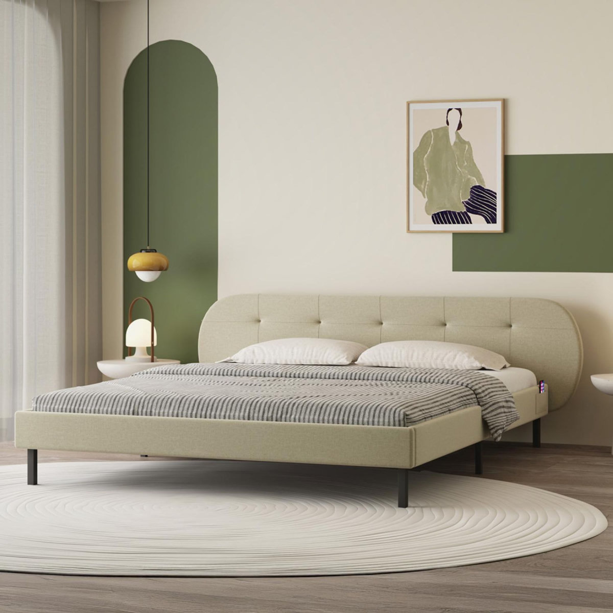 CONCEPT USINE Lit capitonné 140x190cm beige avec tête de lit et sommier TULSA