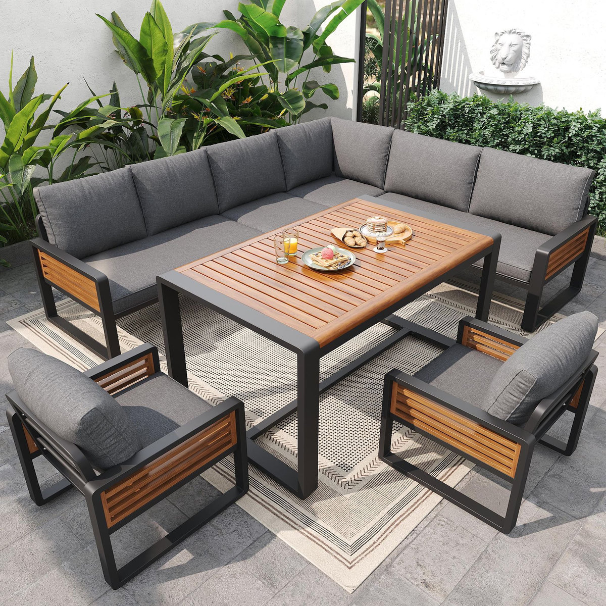 MERAX Salon de jardin repas 8 places en métal et bois massif avec canapé, table à manger, coussins