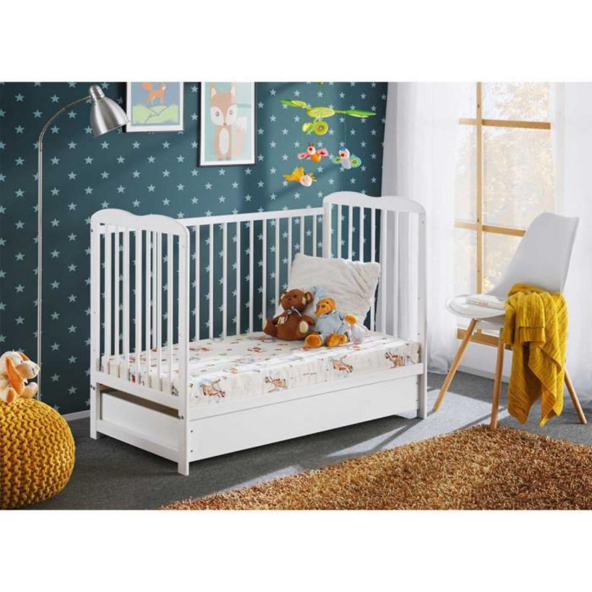 Paris Prix Lit Bébé, Matelas & Tiroir  Ala  60x120cm Blanc Mat