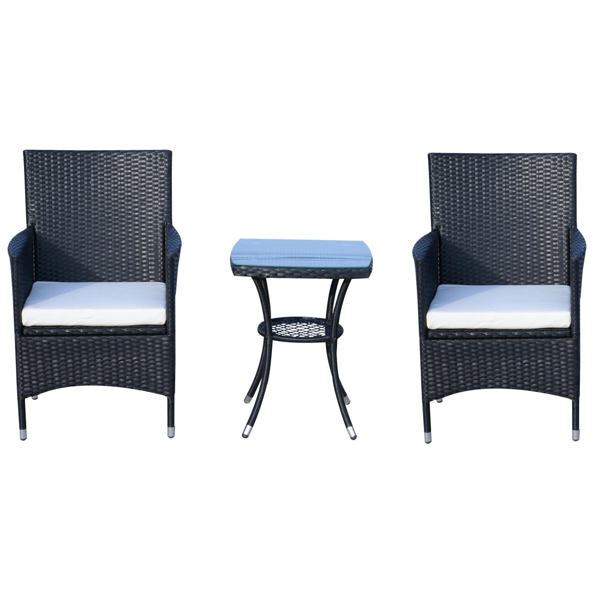 Voir la diapositive 4 : OUTSUNNY Ensemble salon de jardin 2 places : 2 fauteuils et table basse plateau verre trempé résine tressée 4 fils imitation rotin avec coussins noir