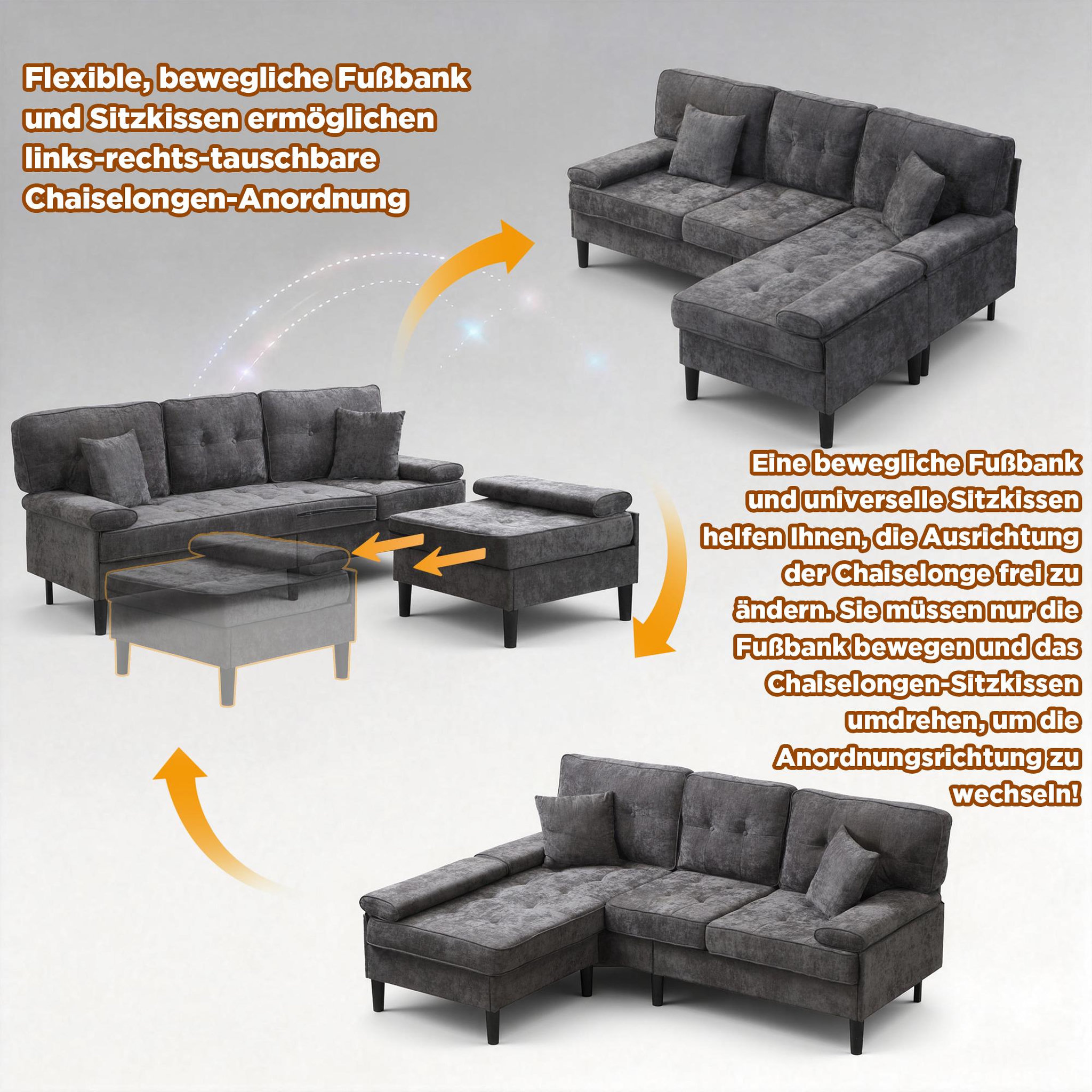 Voir la diapositive 5 : MERAX Canapé d'angle réversible fixe 3 places tissu