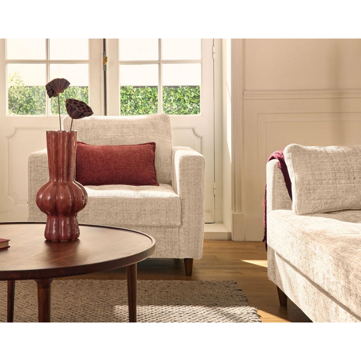 LISA DESIGN Anna - fauteuil avec poche en velours texturé - pieds en bois