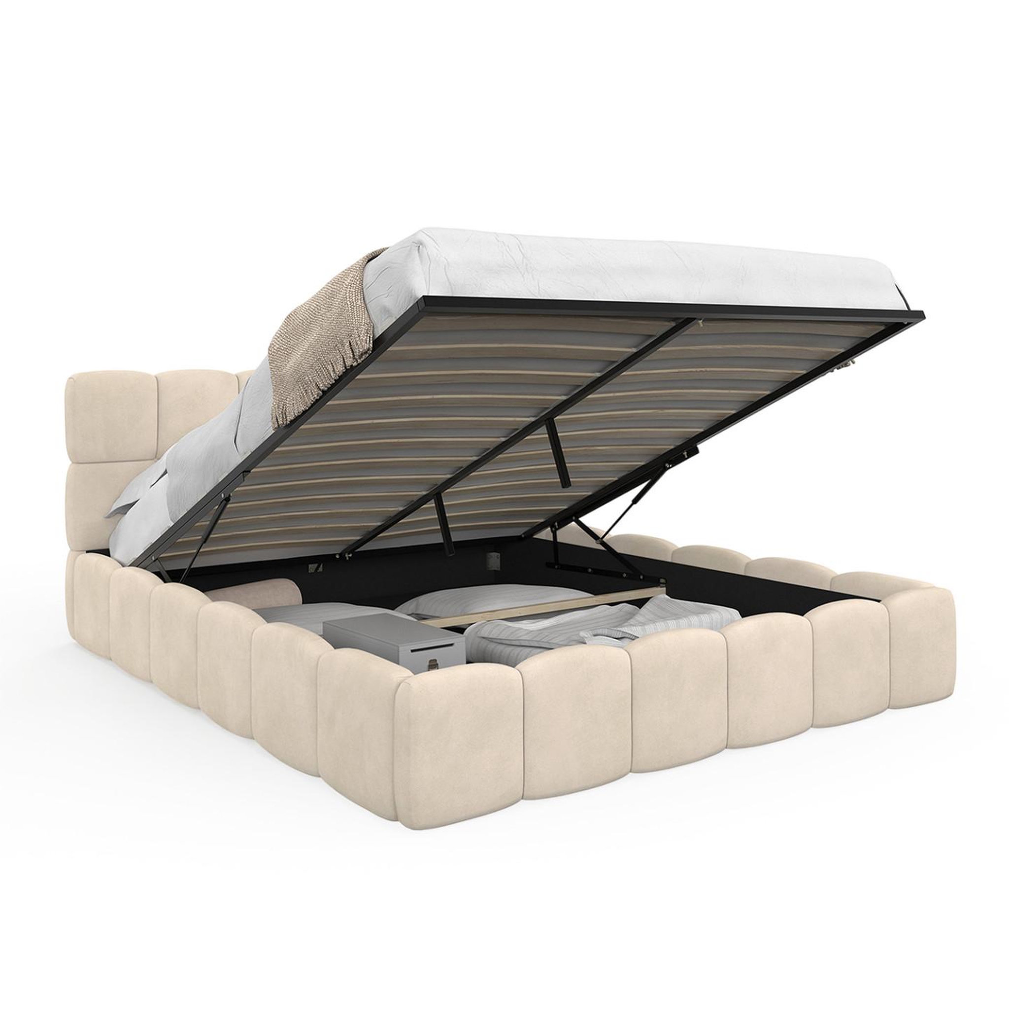 ID MARKET Lit coffre double nuage avec tête de lit matelassée et sommier 160 x 200 cm velours beige