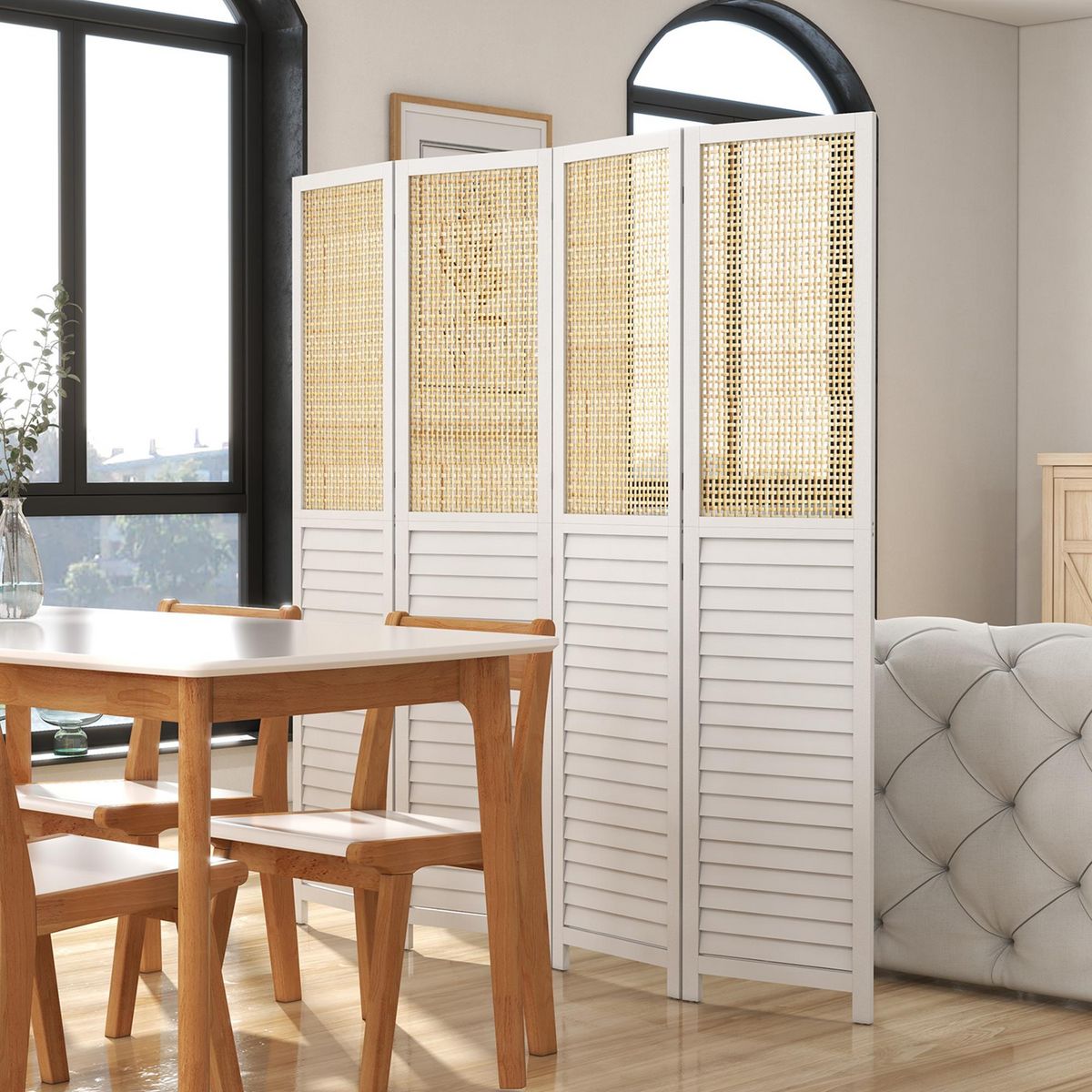 HOMCOM Paravent séparateur de pièce 4 panneaux pliables dim. 160L x 170H cm - bois blanc aspect rotin