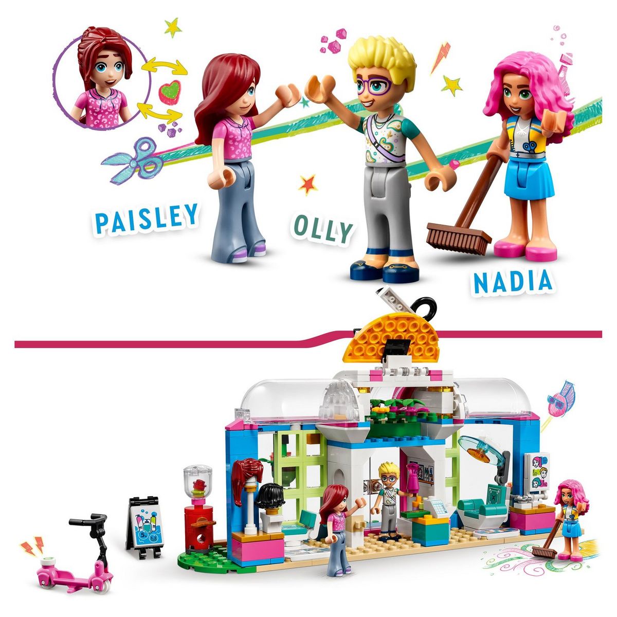 LEGO Friends 41743 Le salon de coiffure, Jouet de Coiffure avec Mini-Poupées 2023 Paisley & Olly, Cheveux et Visage Interchangeables