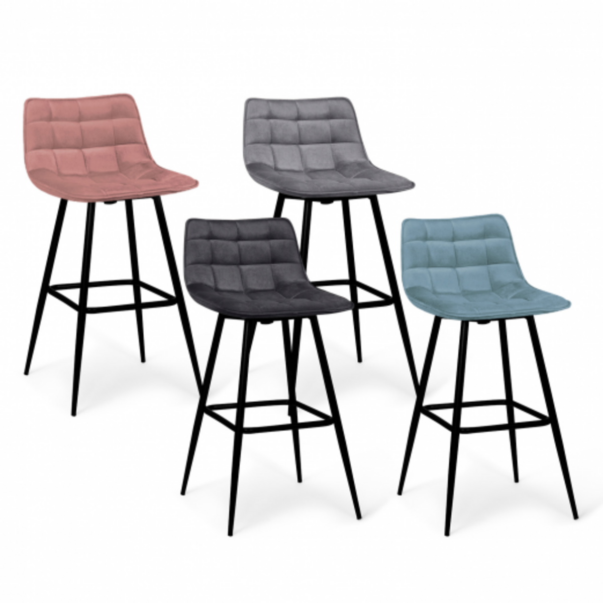 ID MARKET Lot de 4 tabourets de bar MADY en velours mix color pastel bleu, gris clair, gris foncé, rose