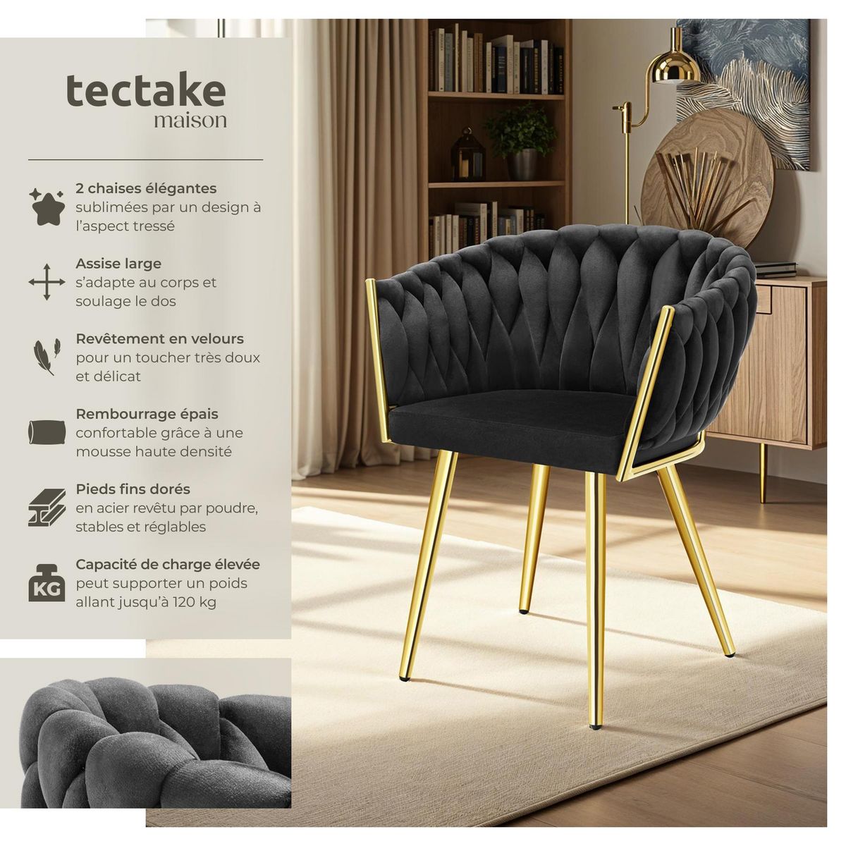 tectake Lot de chaises de salle à manger rembourrée avec revêtement en velours et design noué noir/or Lot de 2