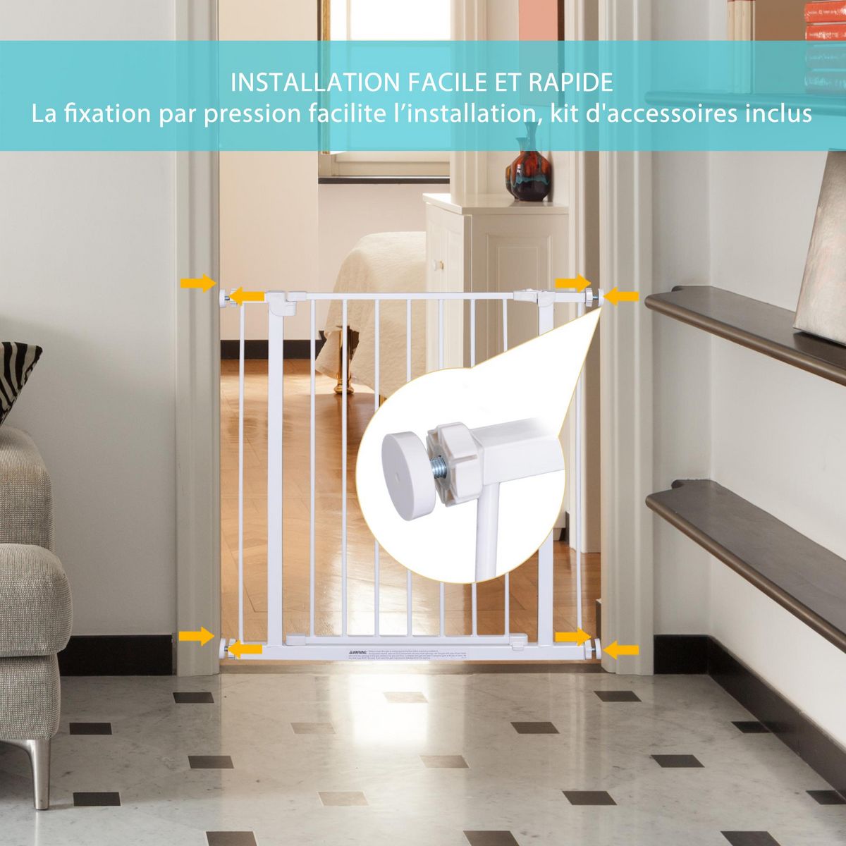 PAWHUT Barrière de sécurité longueur réglable dim. 76-82l x 76H cm sans perçage métal plastique blanc