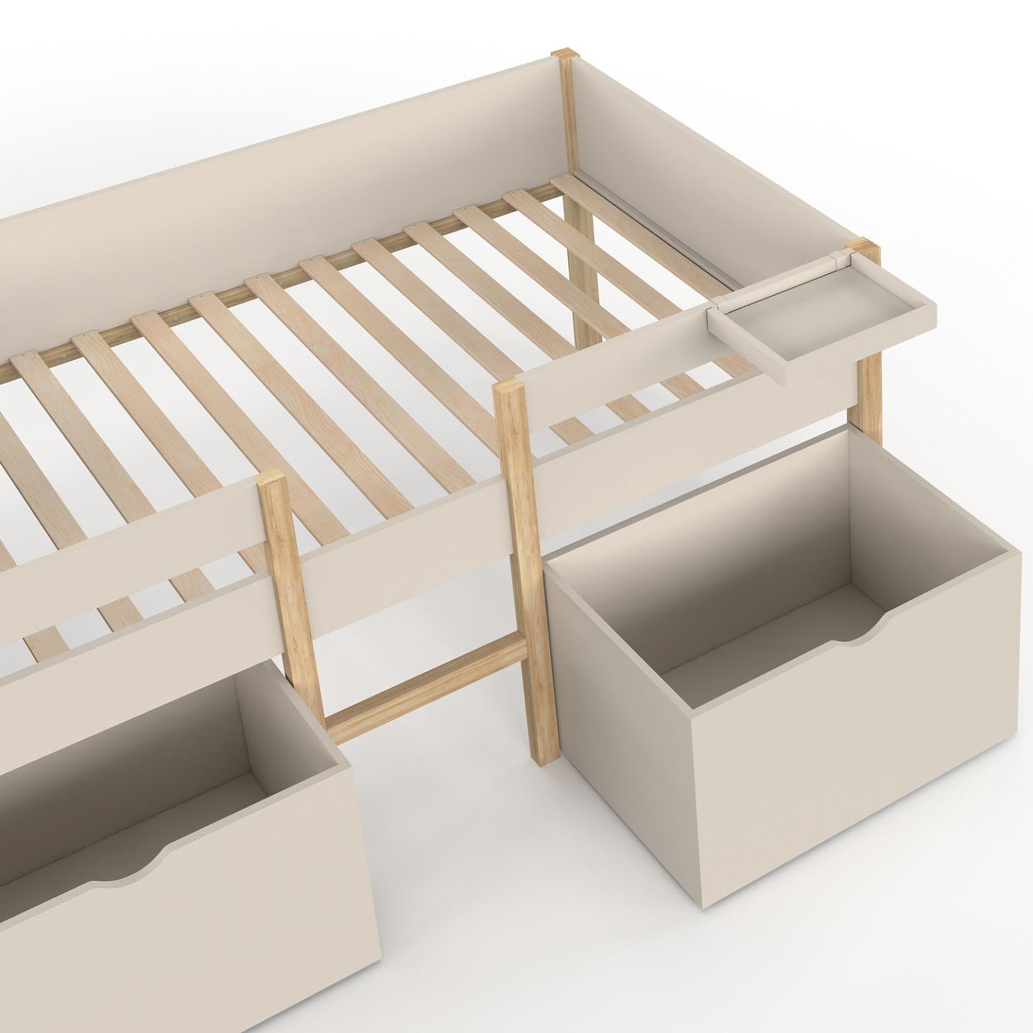Voir la diapositive 6 : ID MARKET Lit simple surélevé mi-hauteur 90 x 190 cm SERVANE avec sommier, barrières, 2 tiroirs de rangement et tablette beige et bois