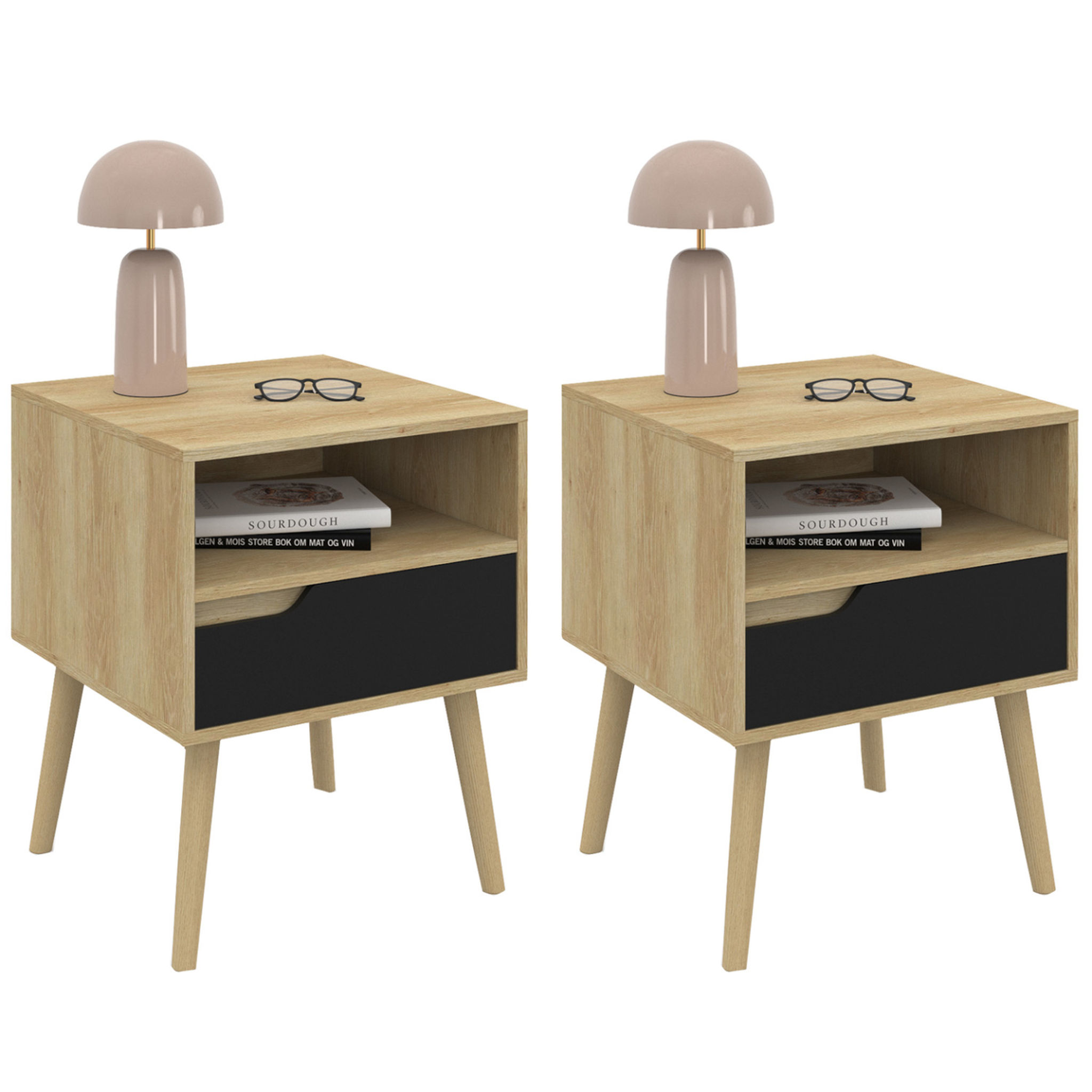 ID MARKET Lot de 2 tables de chevet helsinki scandinaves 1 tiroir avec niche effet hêtre et noir