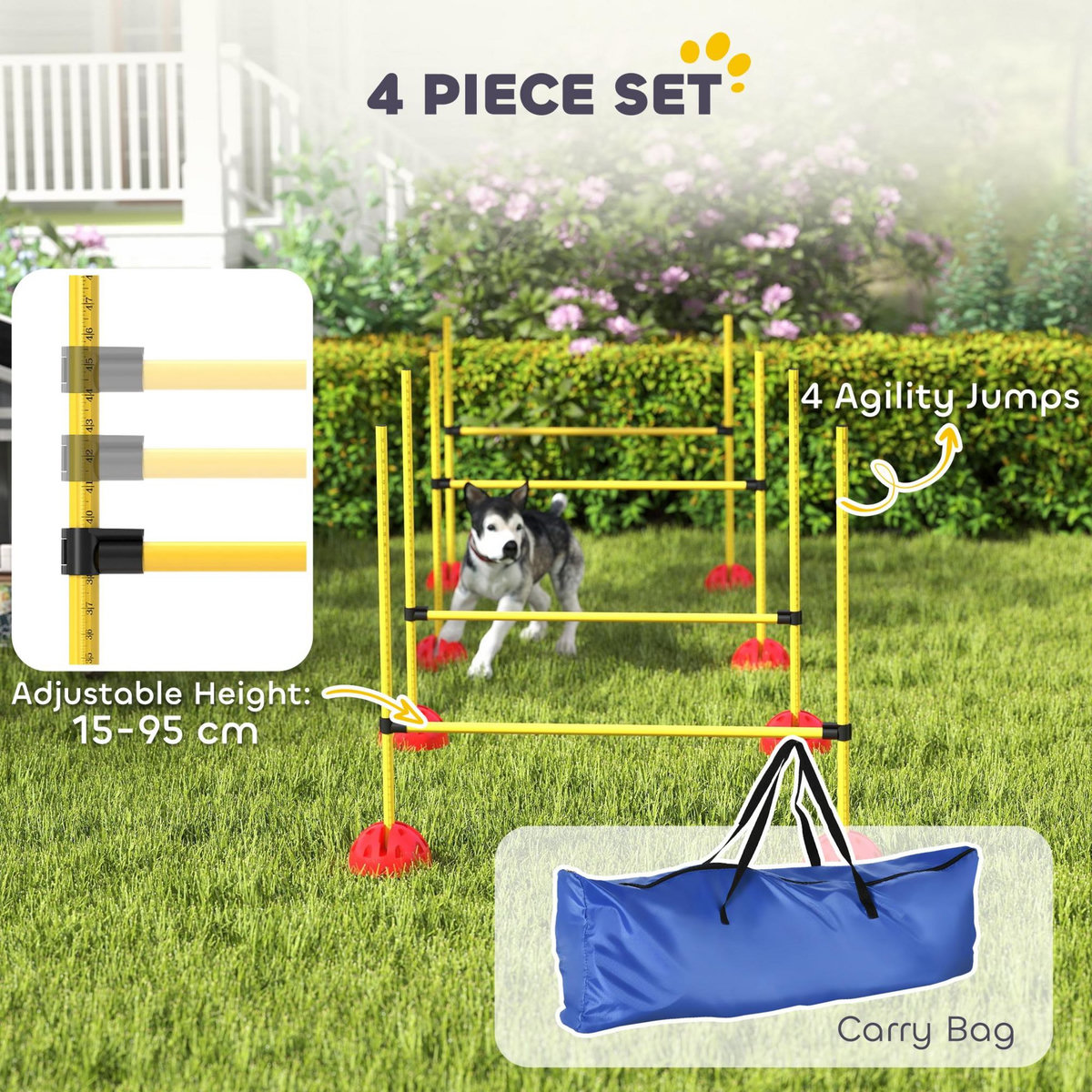 PAWHUT Kit d'agilité pour chien - 4 obstacles haies réglables en hauteur, sac de transport - plastique jaune rouge