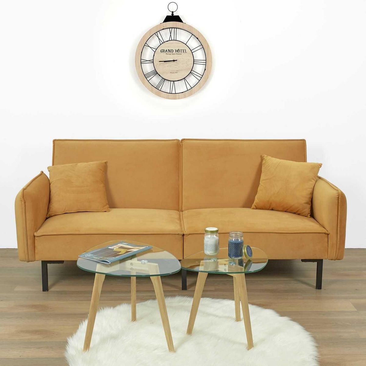 The Home Deco Factory Canapé convertible en velours Bryne - 3 Places - Ocre