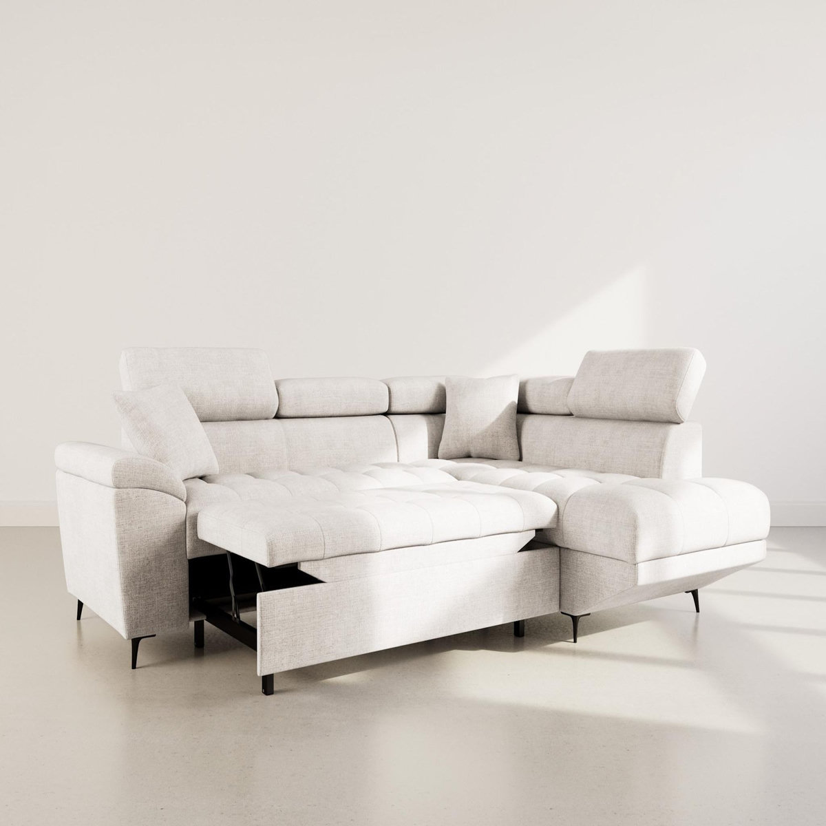 BEST MOBILIER Camille - canapé d'angle droit 5 places convertible avec têtières et coffre en velours texturé