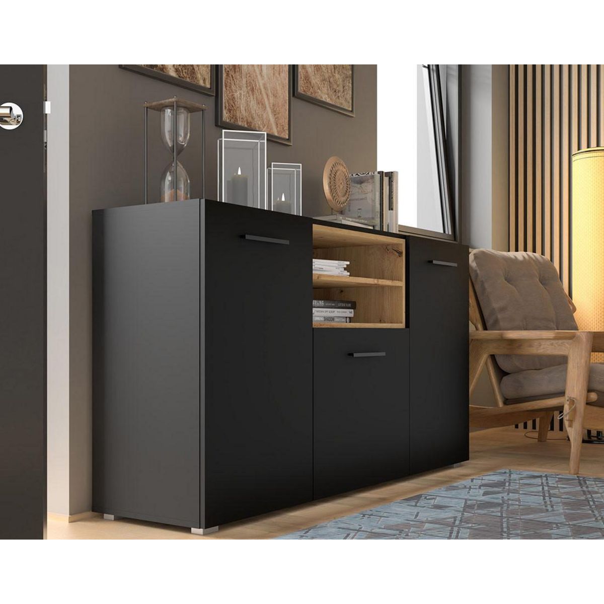 BEST MOBILIER Leolio - buffet bas - noir et effet bois - 151 cm