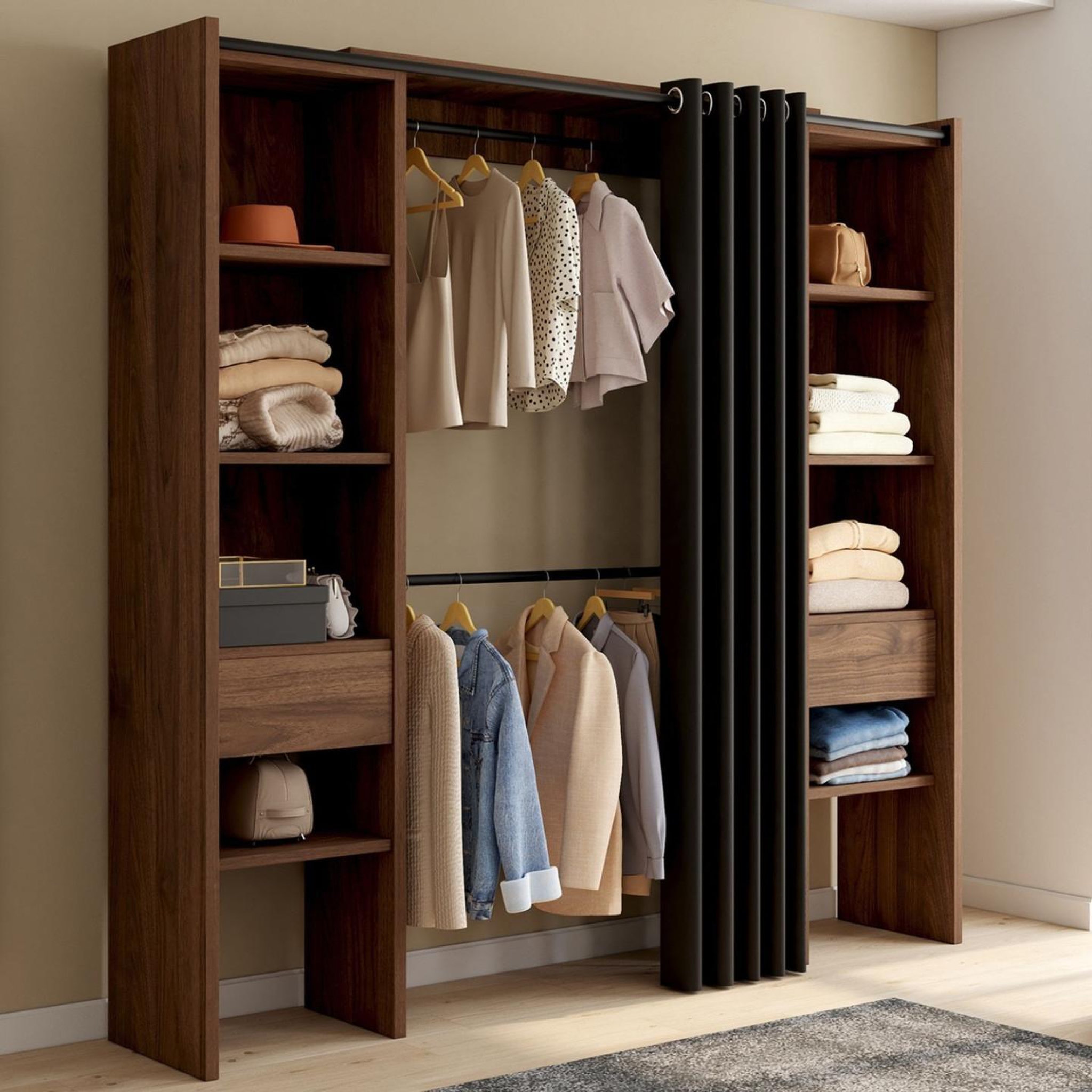 Voir la diapositive 2 : ID MARKET Dressing extensible double meryl 120/180 x 50 x 180 cm noyer avec étagères + double penderie + rideau noir