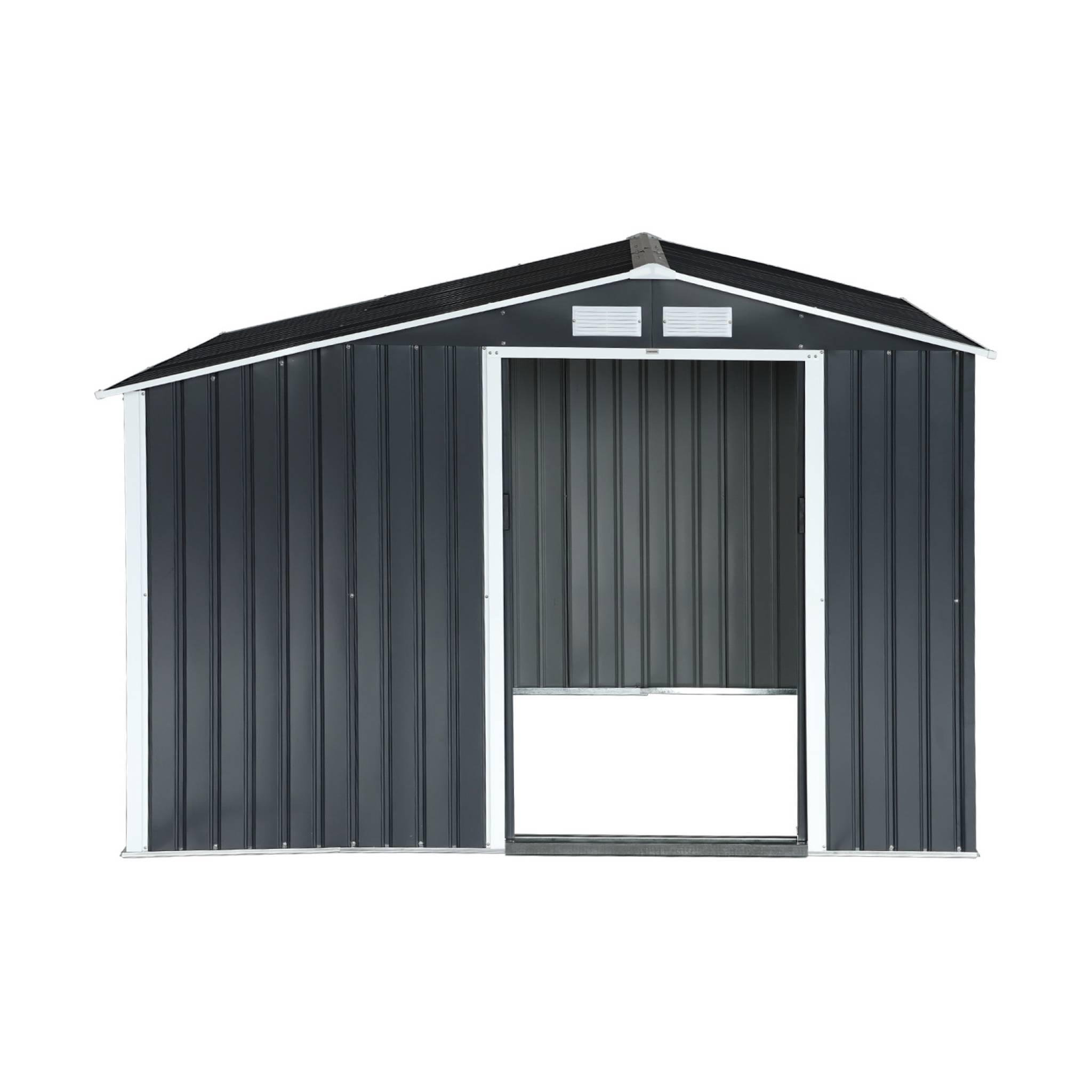 Voir la diapositive 5 : SWEEEK Abri de jardin métal 5.42 m² - Scarpe - Anthracite. en acier galvanisé - Avec espace de rangement. abri bûches - Double porte coulissante. toiture double pente. L 278 x P 195 x H 195 cm