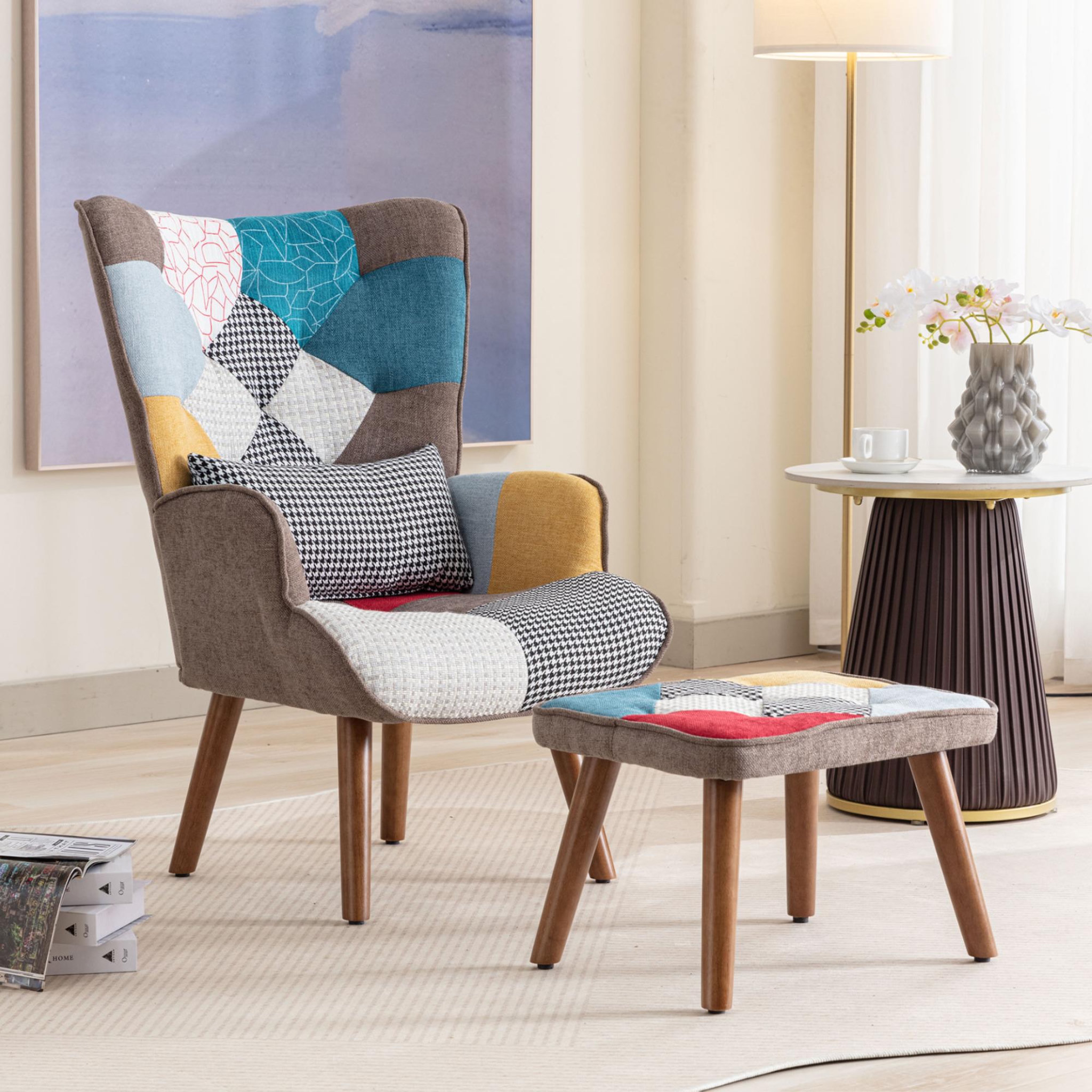 Voir la diapositive 2 : MERAX Fauteuil Scandinave + Pouf Tissu Multicolore