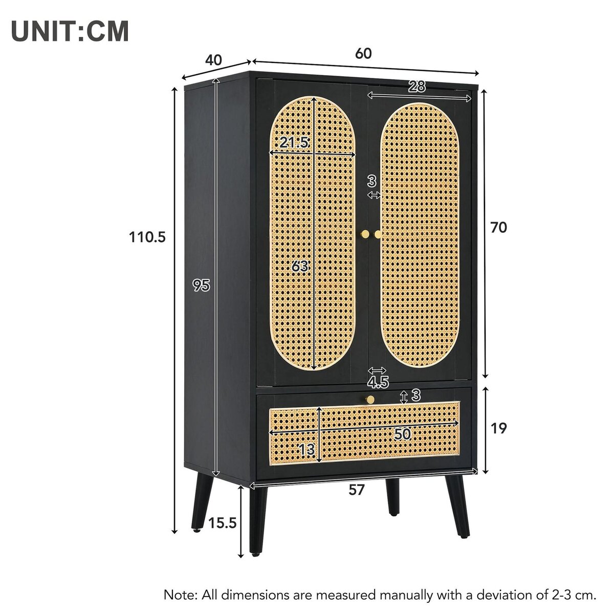 MERAX Buffet 2 porte(s) 1 tiroir(s) - 60 cm noir panneau de particules