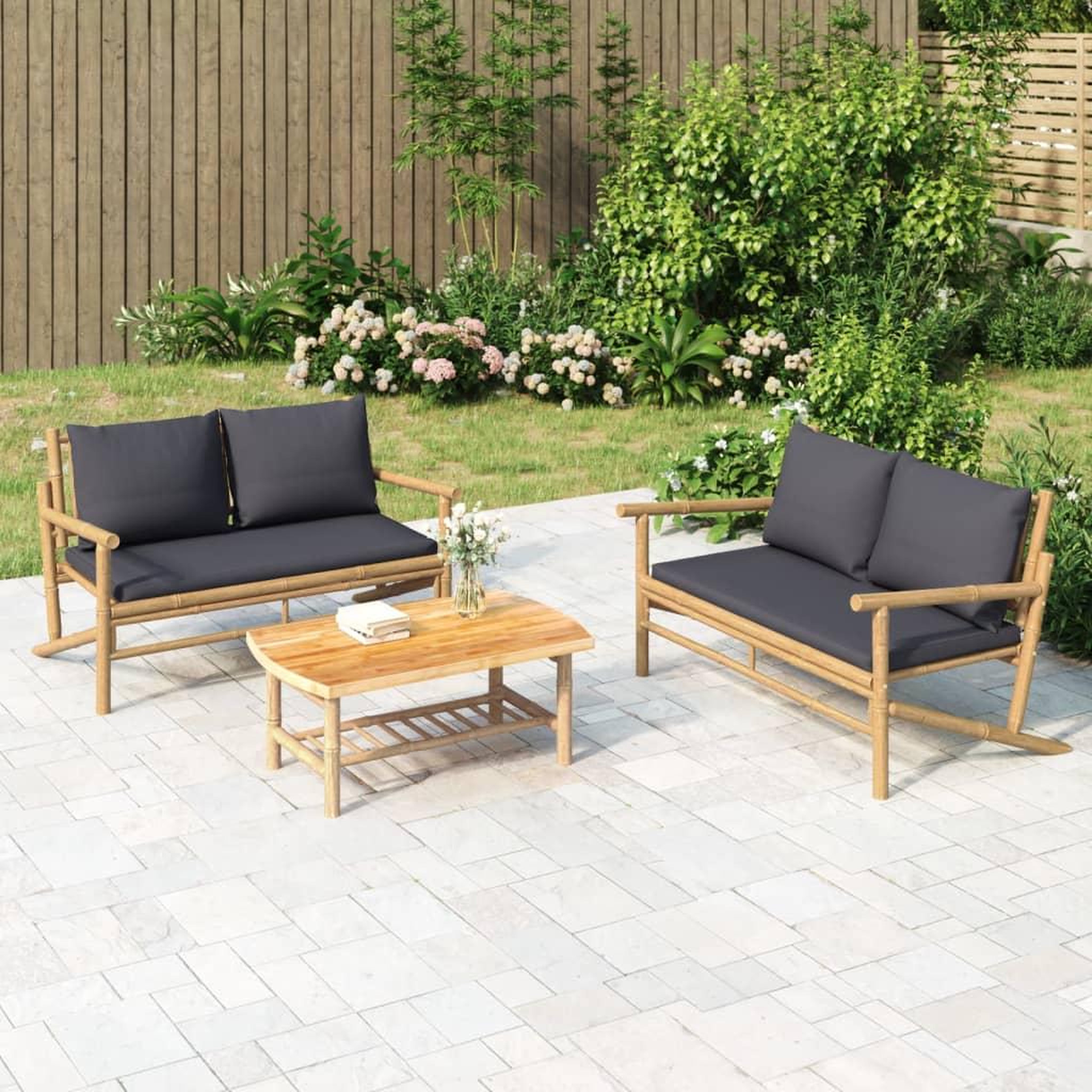 VIDAXL Salon de jardin 3 pcs avec coussins gris fonce bambou
