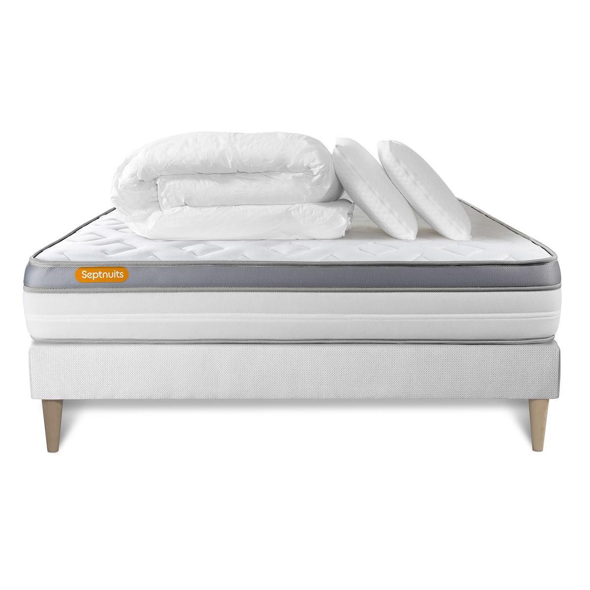SEPTNUITS Pack matelas + sommier kit blanc Memo Zen Mousse à mémoire de forme MAXI épaisseur + Couette + 2 oreillers