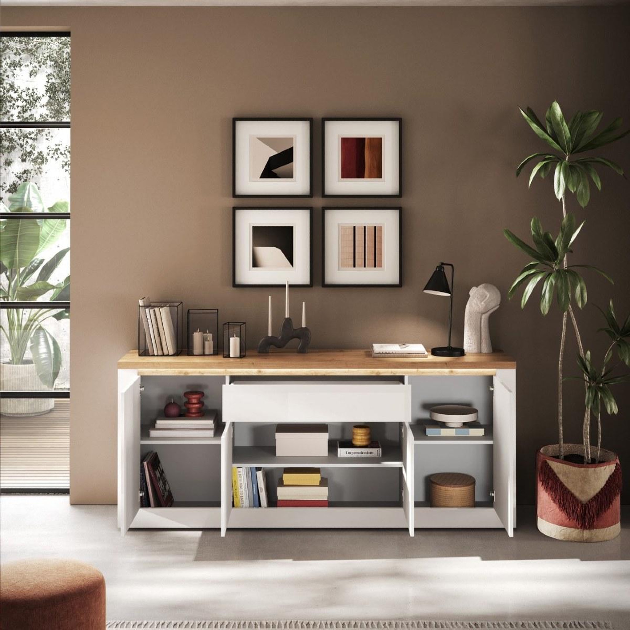Voir la diapositive 4 : JLC KREATION Buffet moderne 4 portes-1tiroir laqué blanc et bois ARIA
