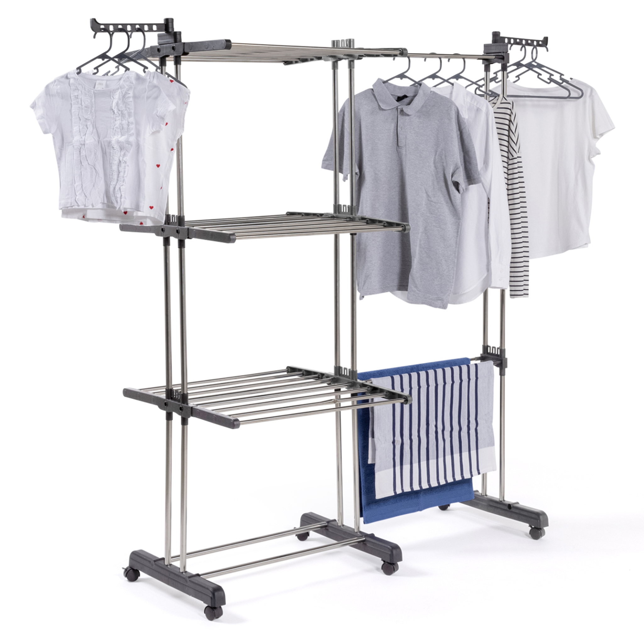 Voir la diapositive 4 : ID MARKET Séchoir à linge vertical pliable et extensible 3 niveaux giga capacité 27m avec cintres et pinces inox et gris