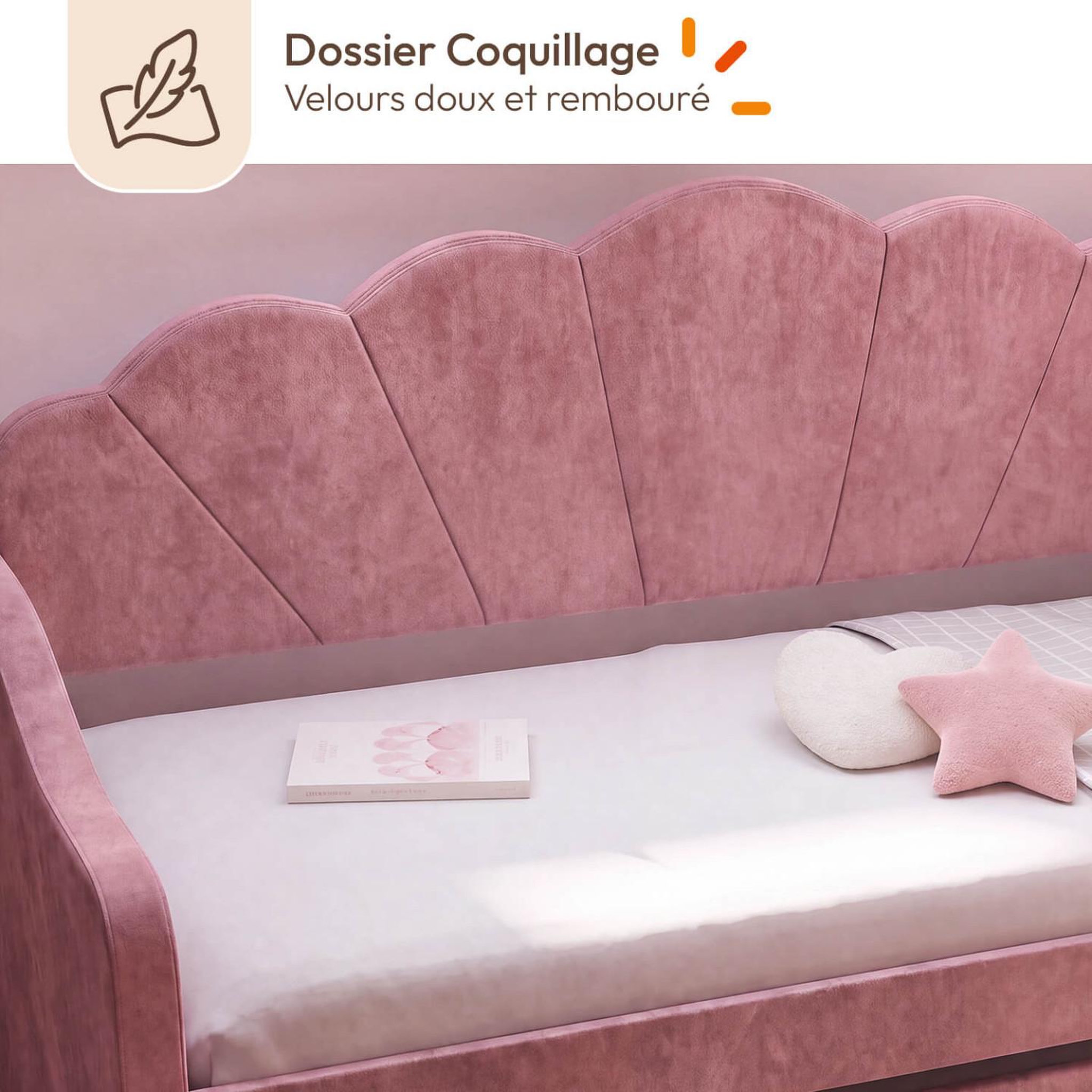 Voir la diapositive 5 : ID MARKET Lit banquette gigogne coquillage amanda 2 x 90 x 190 cm avec 2 sommiers velours rose poudré