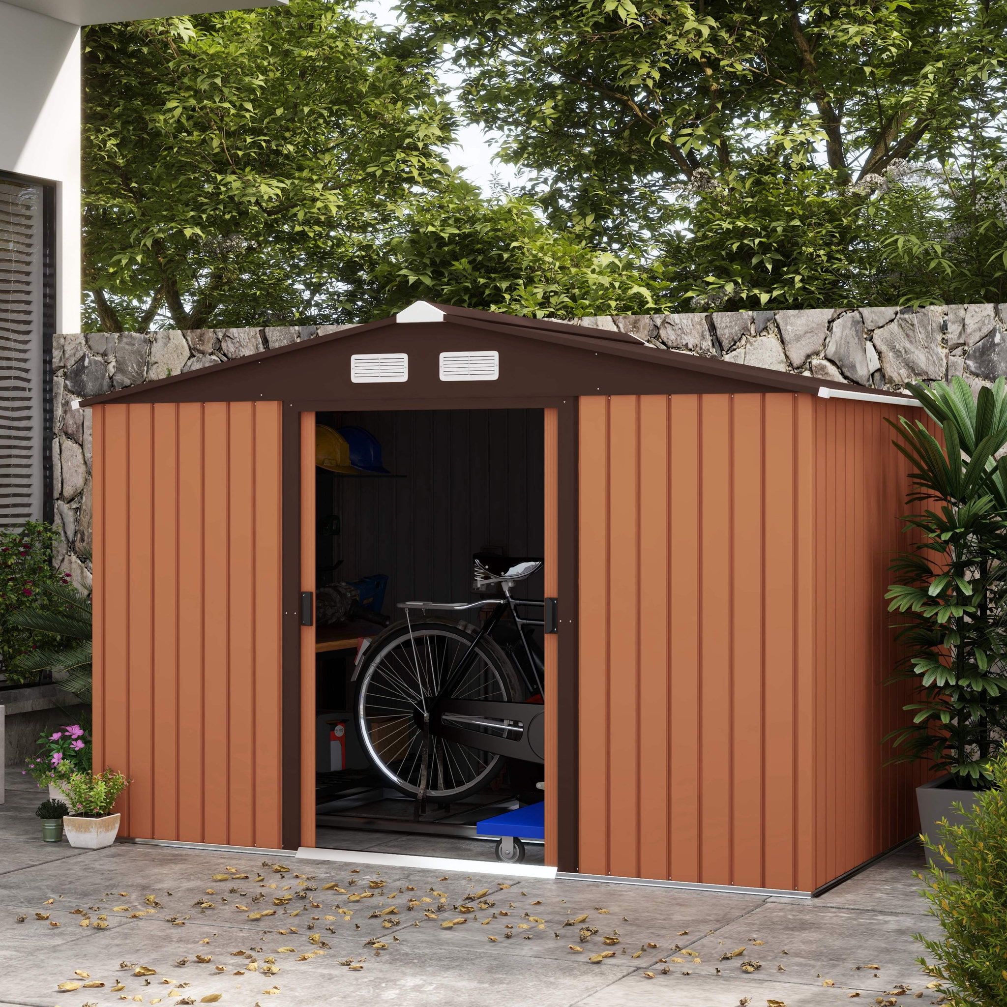 Voir la diapositive 2 : OUTSUNNY Abri de jardin - remise pour outils - cabanon double porte coulissante - fondation incluse - dim. 277L x 191l x 192H cm - tôle d'acier ondulée terracotta