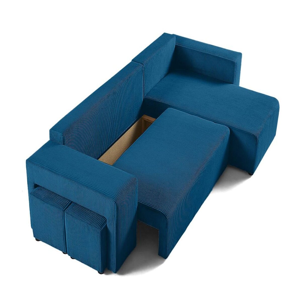 BEST MOBILIER Topaze - canapé d'angle réversible 4 places - convertible avec coffre, tablette et poufs - en velours côtelé