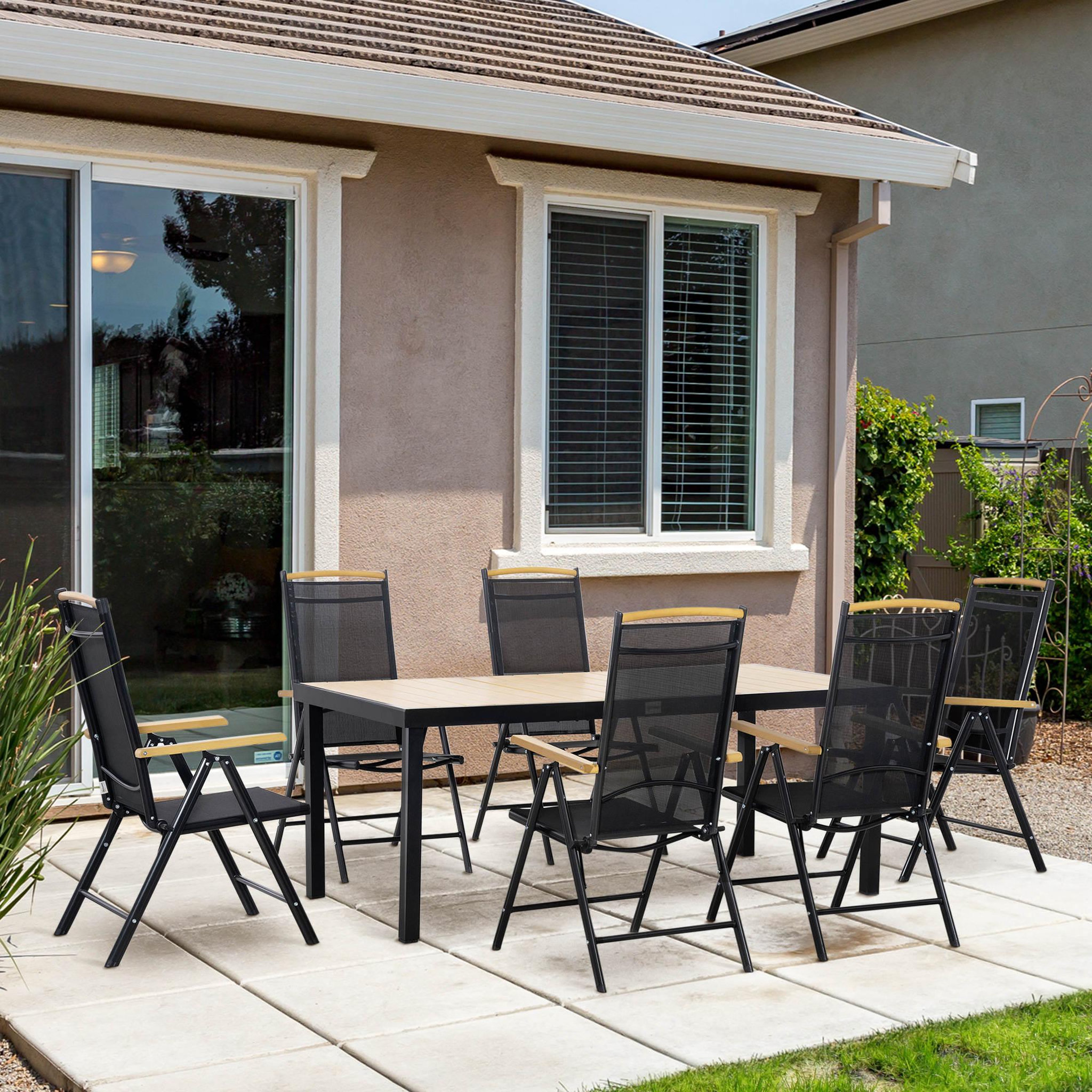 Voir la diapositive 2 : OUTSUNNY Ensemble table de jardin 6 personnes - chaises pliables inclinables accoudoirs - alu textilène noir plastique effet bois