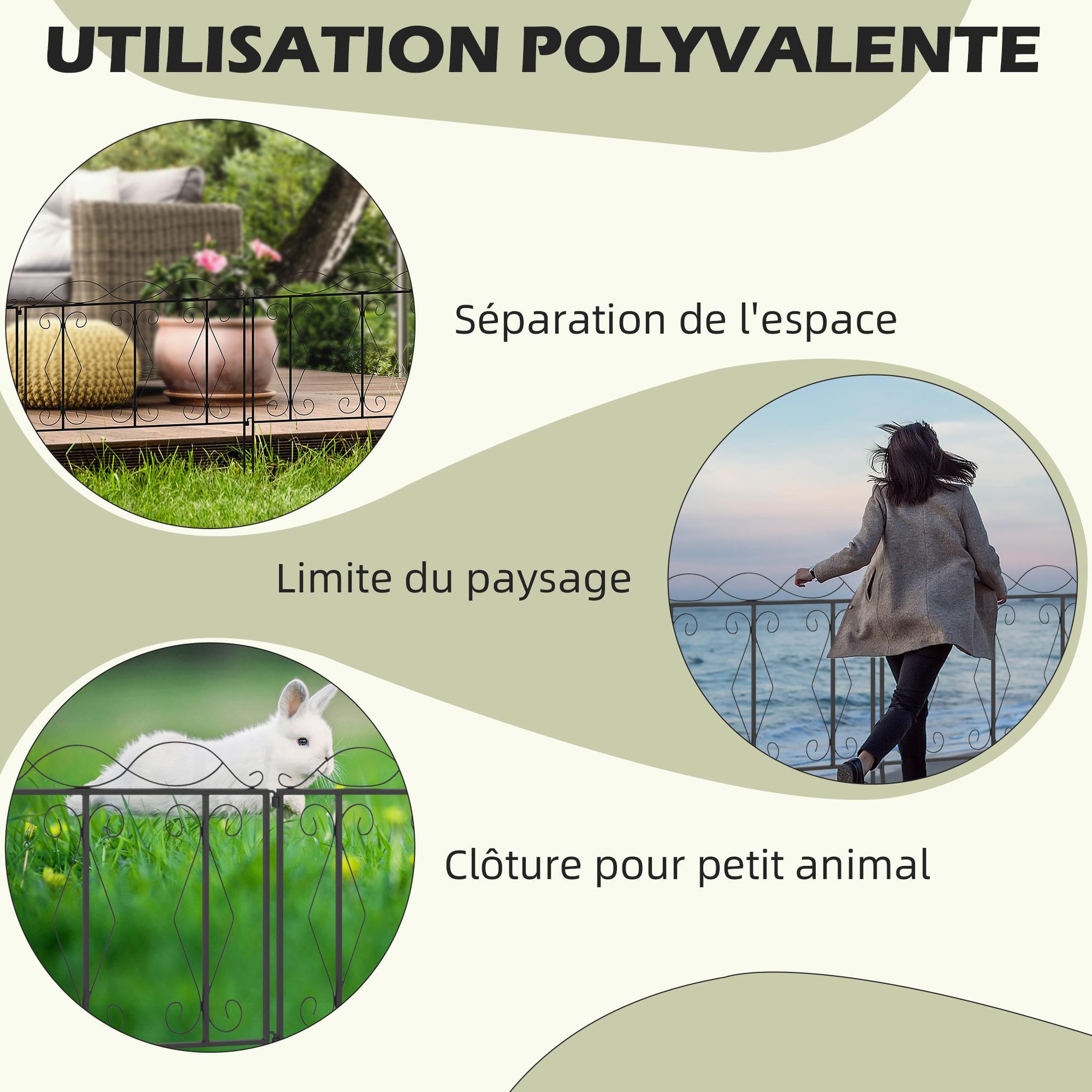 Voir la diapositive 6 : OUTSUNNY Lot de 4 clôtures de jardin décoratives en métal avec ornements - dim. totales 252L x 62H cm - noir