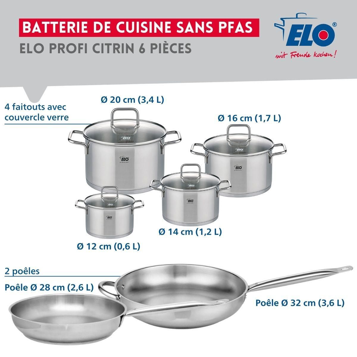 ELO Ensemble de 2 Poêles de cuisson 28 et 32 cm et 4 faitouts 12, 14, 16 et 20 cm Elo Profi Citrin