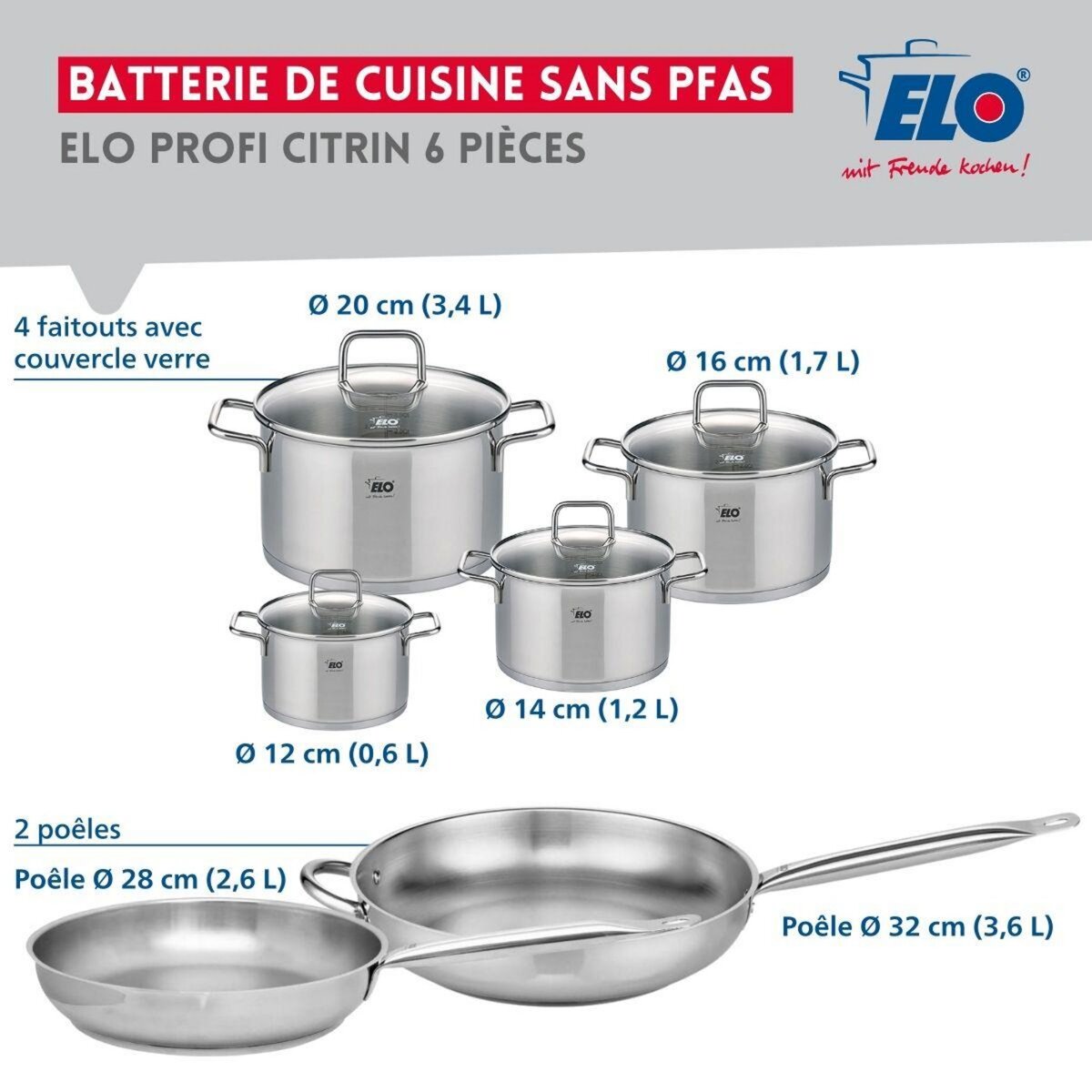 ELO Ensemble de 2 Poêles de cuisson 28 et 32 cm et 4 faitouts 12, 14, 16 et 20 cm Elo Profi Citrin