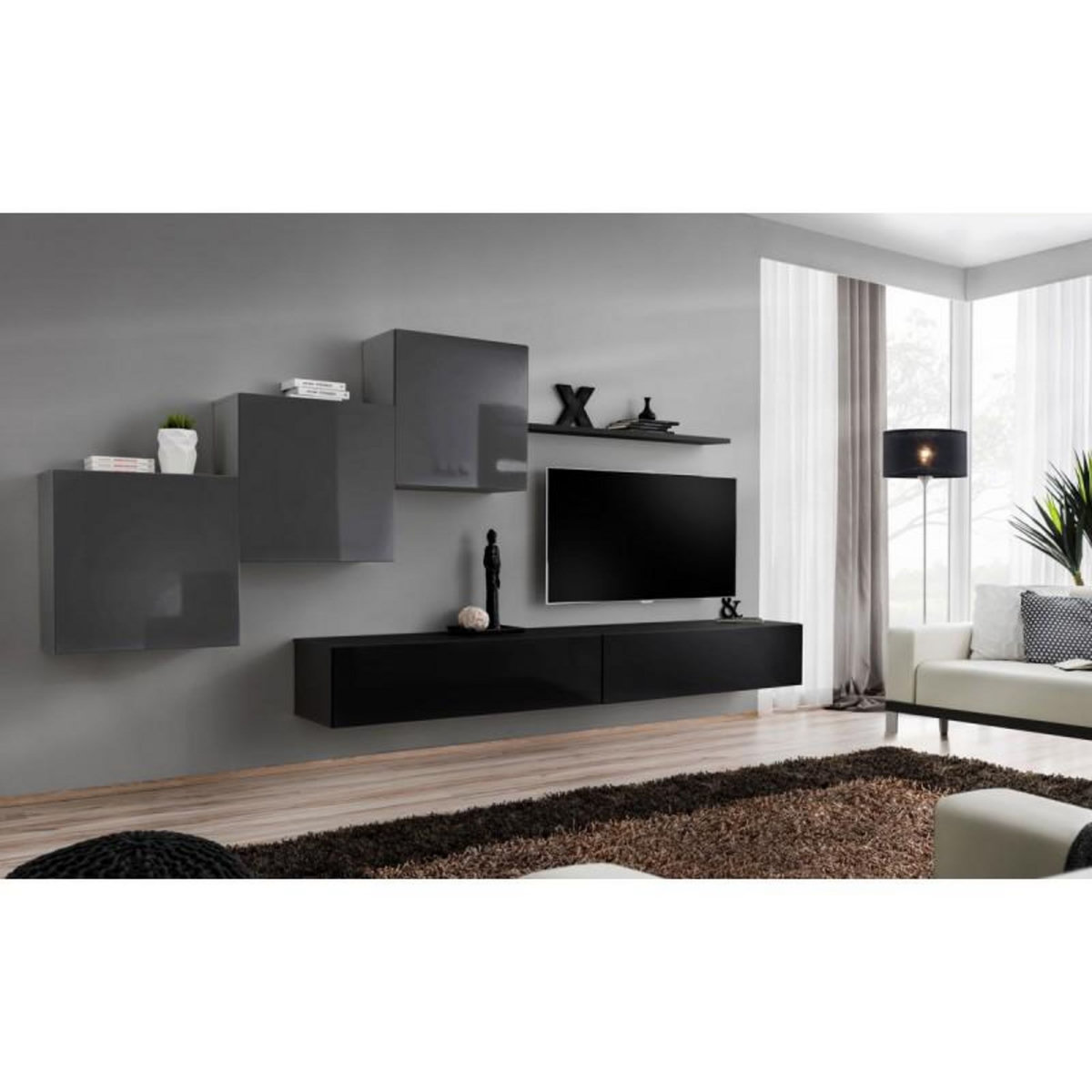 Paris Prix Meuble TV Mural Design  Switch X  330cm Gris & Noir