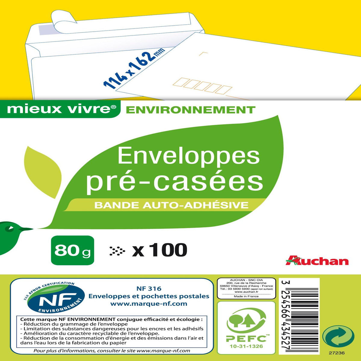 AUCHAN Lot de 100 enveloppes pré-casées 11.4x16.2cm - blanc