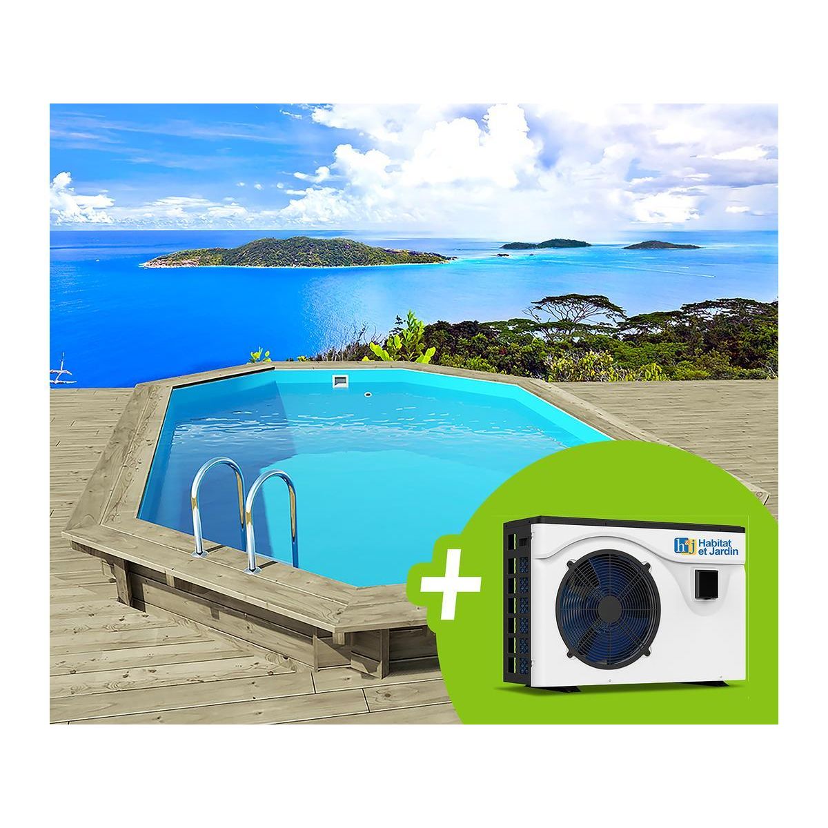 Habitat et Jardin Piscine bois   Palma 145   7.57 x 4.07 x 1.44 m + Pompe à chaleur 6.1 kW