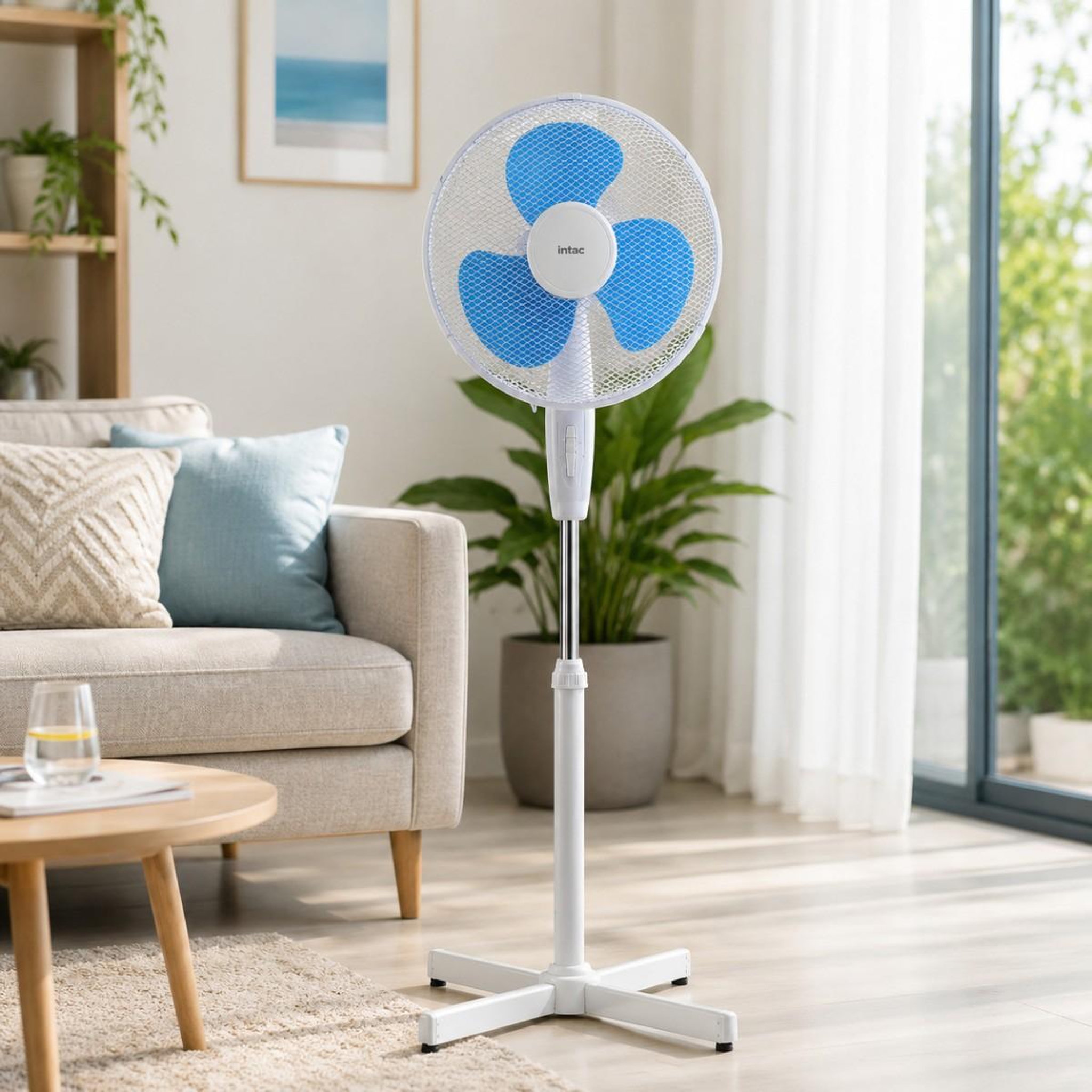 Voir la diapositive 4 : INTEC Ventilateur sur pied 45w ø40cm oscillant 3 vitesses hauteur réglable rafraîchissement anti canicule