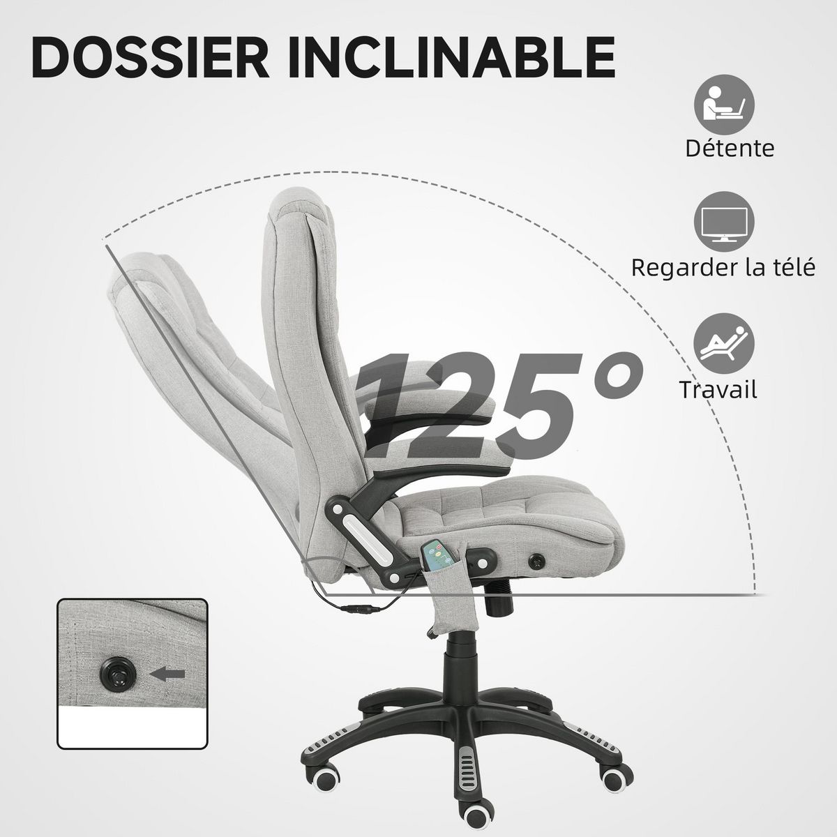 VINSETTO Fauteuil de bureau direction massant chauffant hauteur réglable dossier inclinable toile de lin gris clair