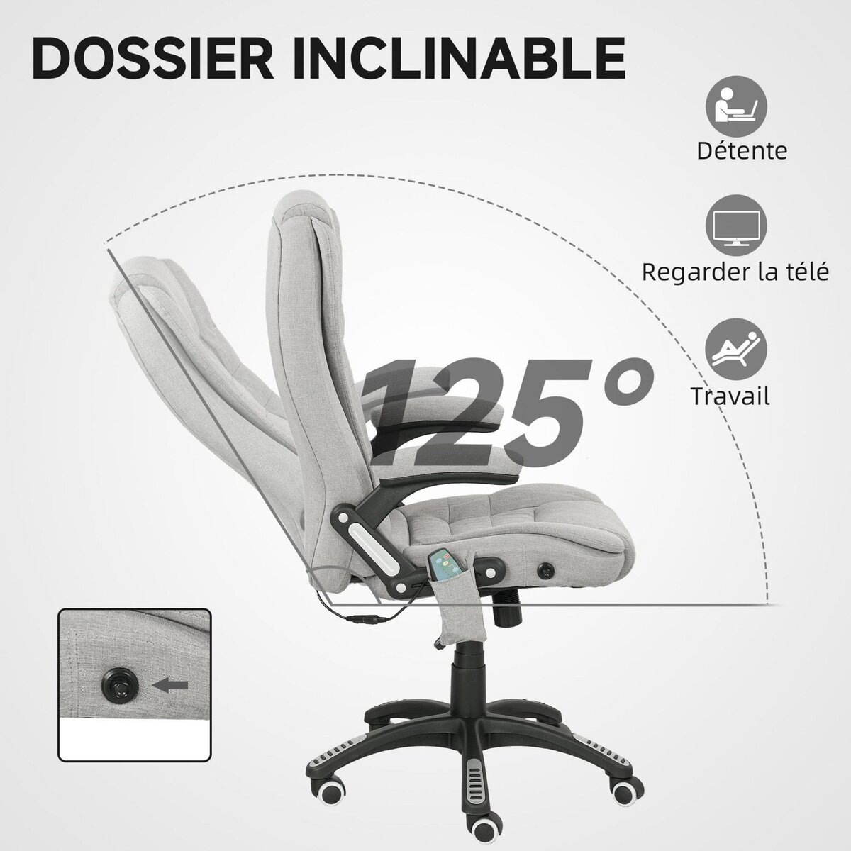 VINSETTO Fauteuil de bureau direction massant chauffant hauteur réglable dossier inclinable toile de lin gris clair