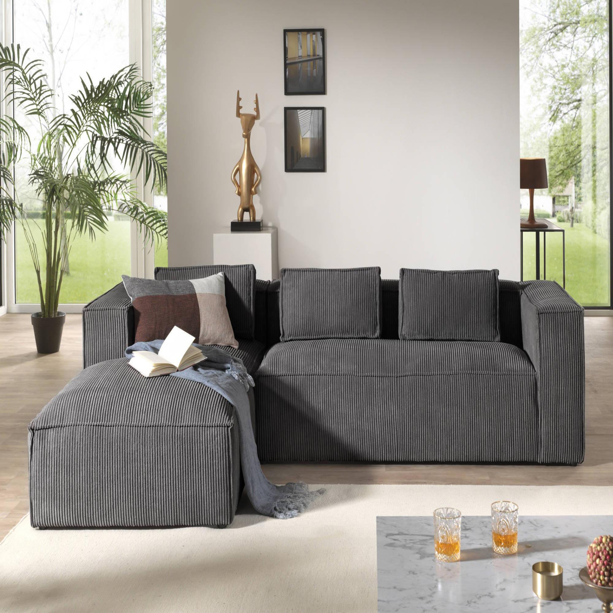 Voir la diapositive 2 : LISA DESIGN Stella - canapé d'angle - en velours côtelé - 4 places -style contemporain - gauche