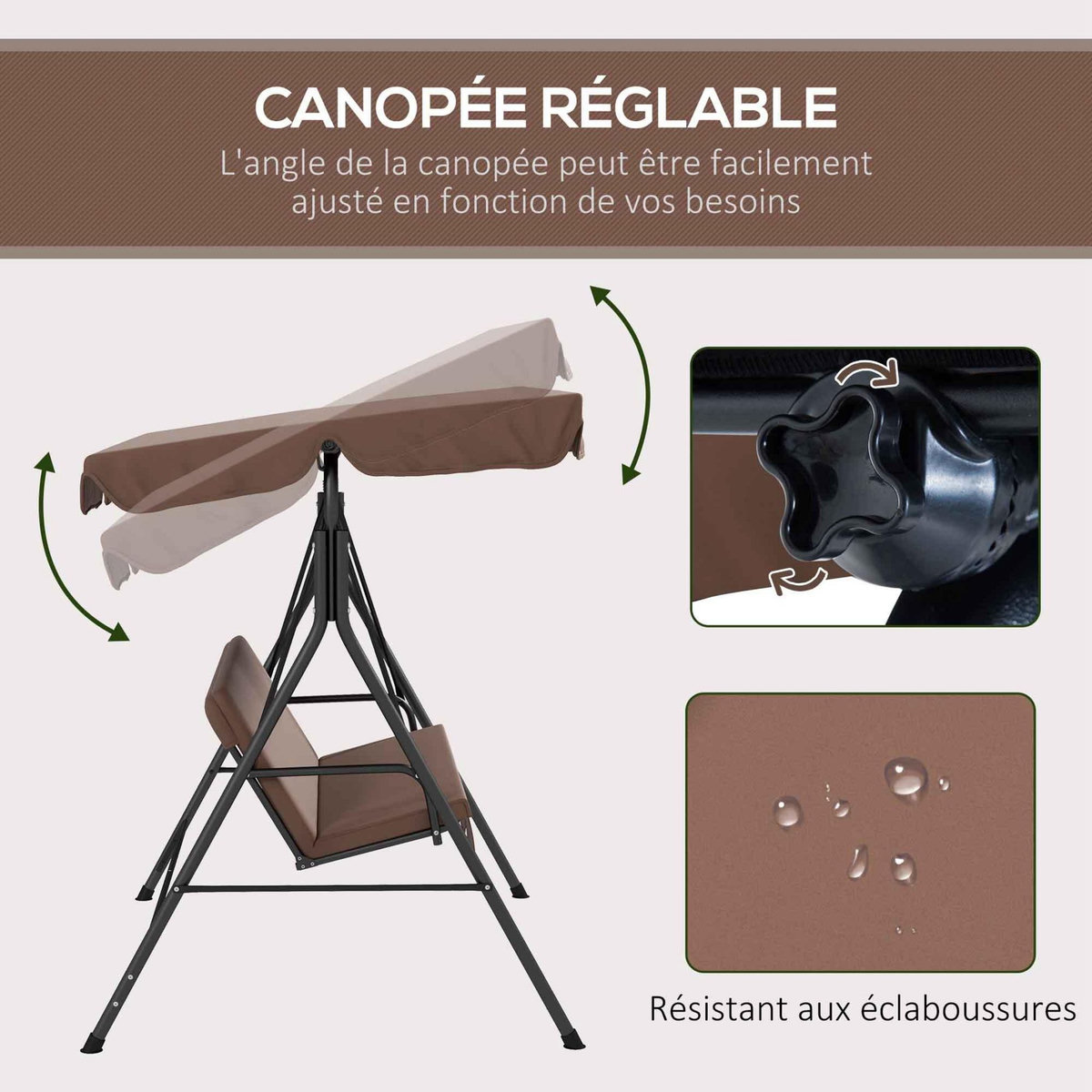 OUTSUNNY Balancelle de jardin 3 places toit réglable coussins assise dossier acier polyester marron