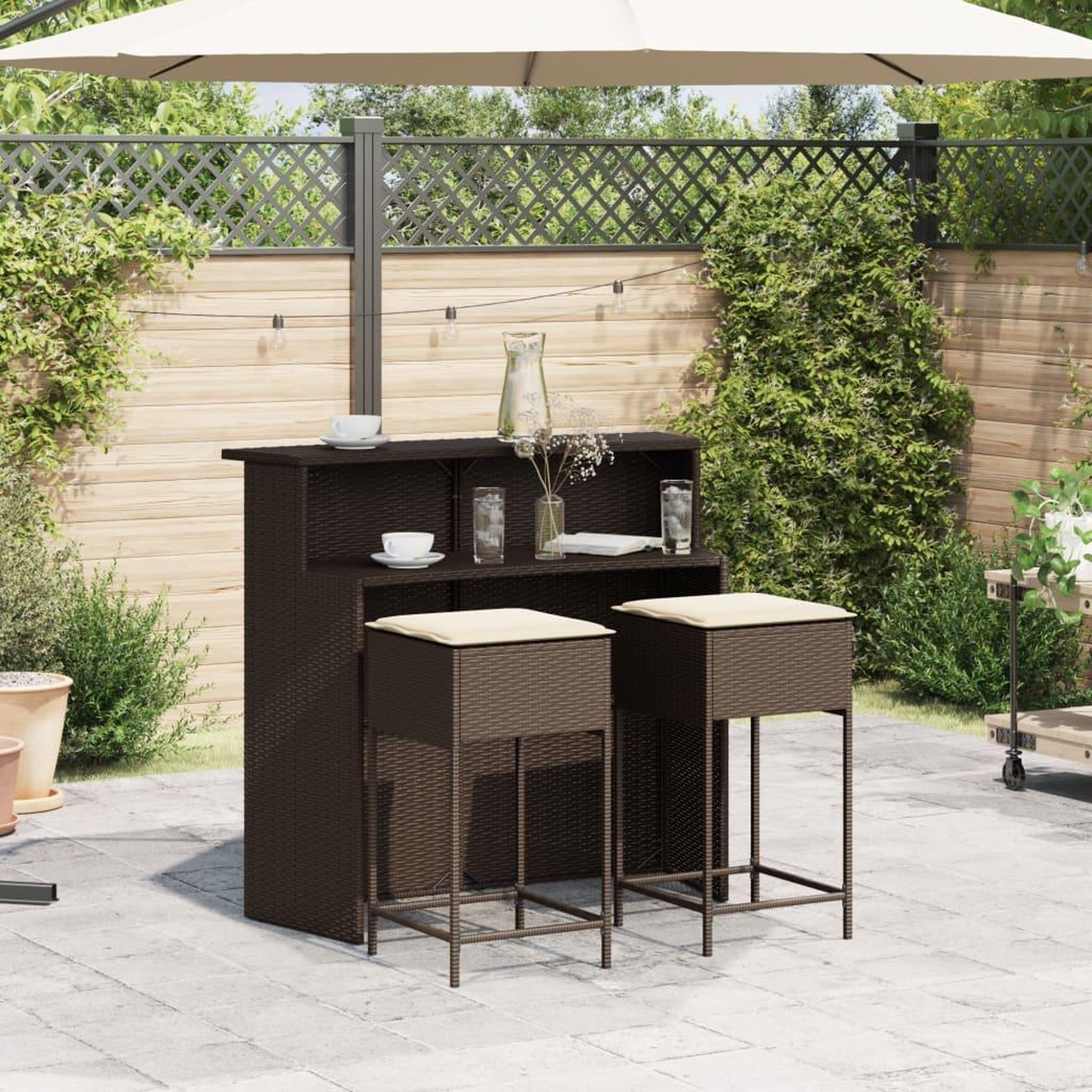 Voir la diapositive 3 : VIDAXL Ensemble de bar de jardin 3 pcs et coussins brun resine tressee