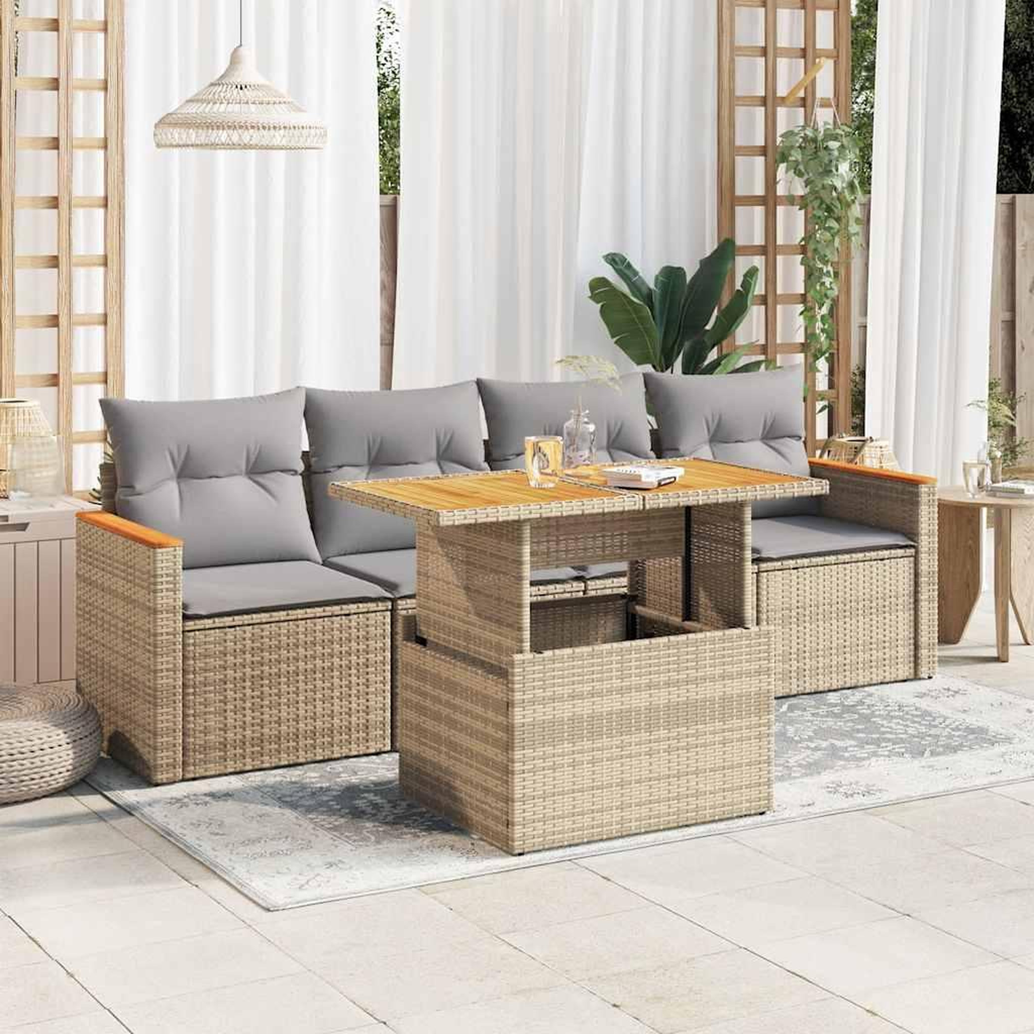 VIDAXL Salon de jardin avec coussins 5 pcs beige resine tressee acacia