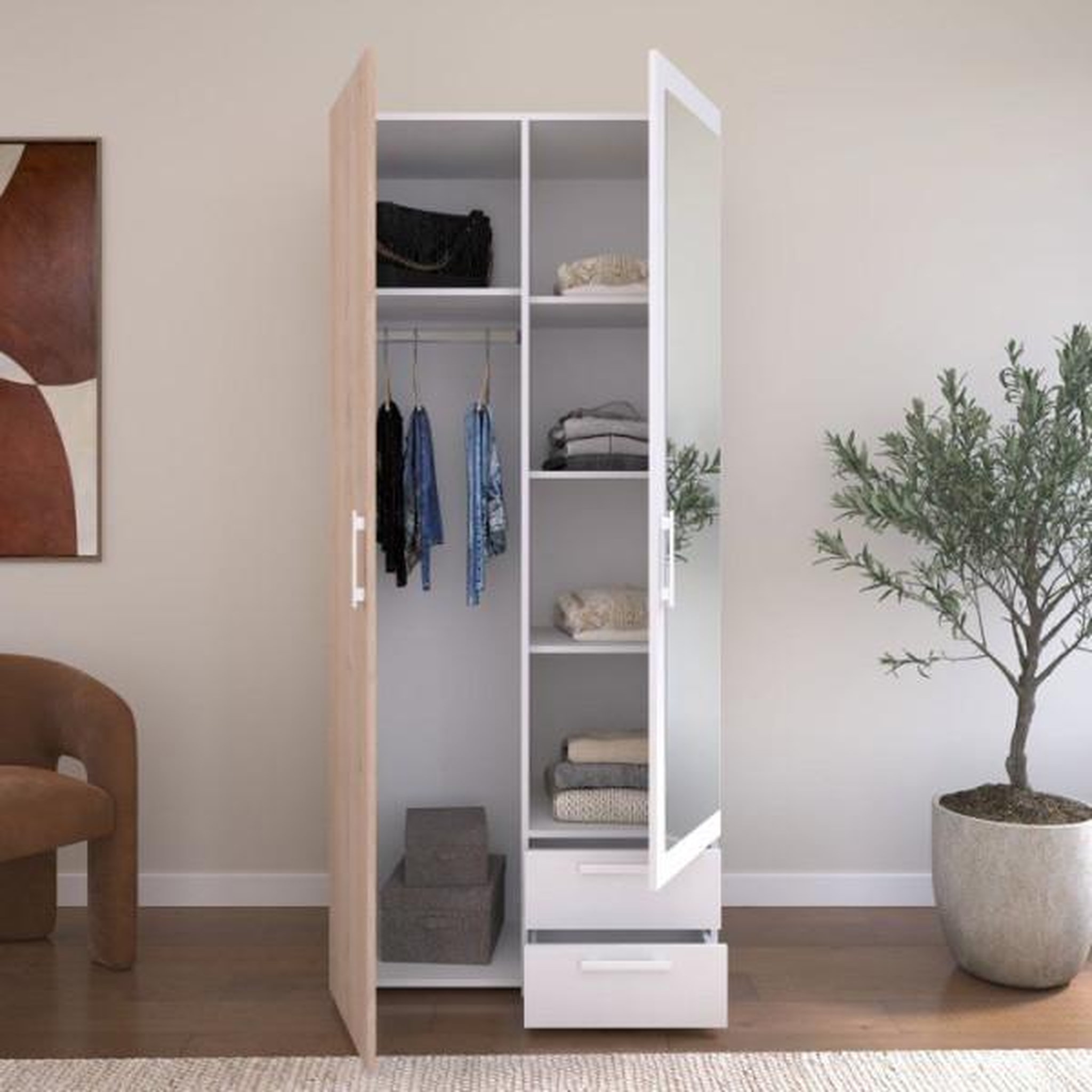 Voir la diapositive 2 : PARISOT Armoire VARIA - Décor chene et blanc - 2 portes - Miroir - L 80,7 x P 51,7 x H 185 cm - PARISOT