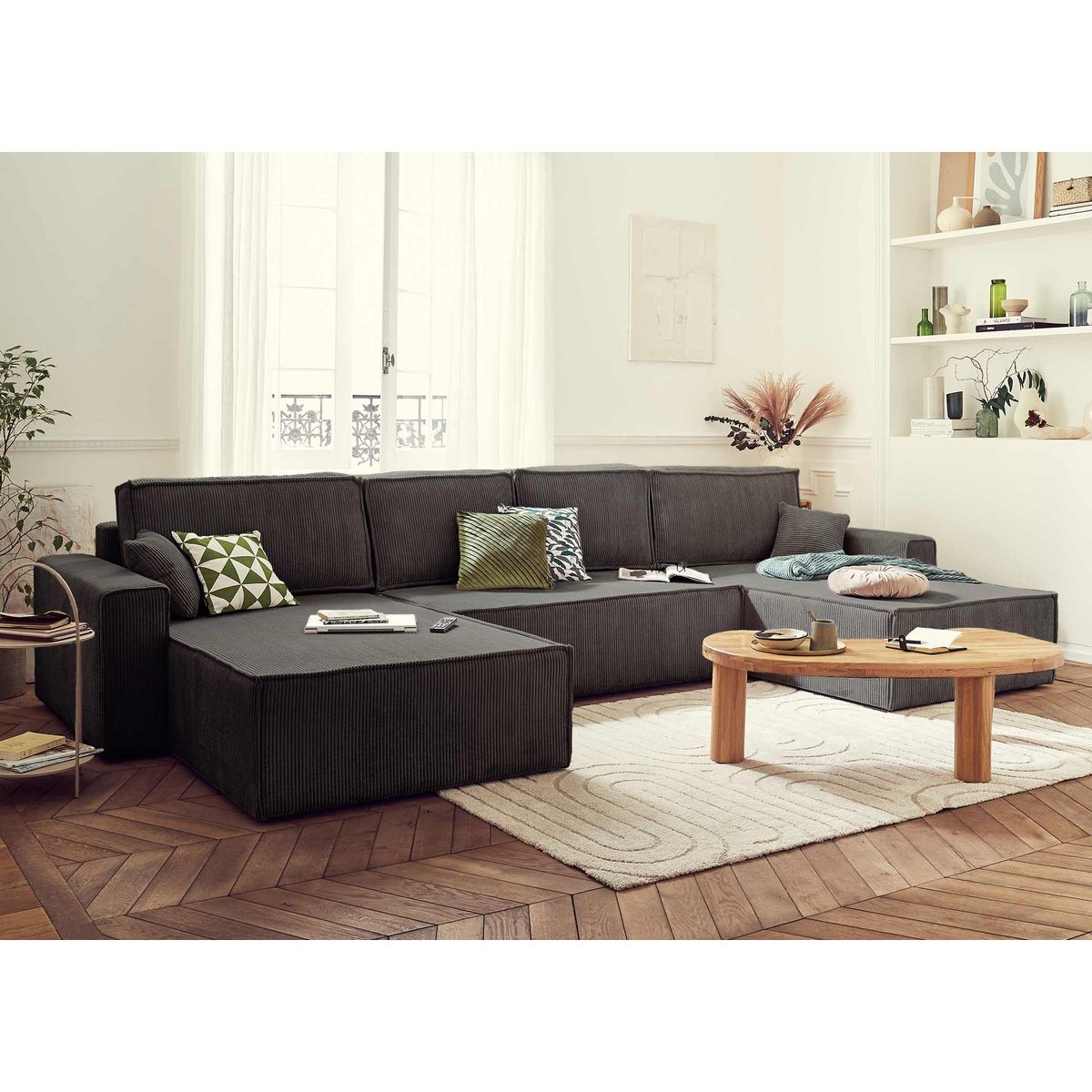 BEST MOBILIER Dellia - canapé panoramique en u - 7 places - convertible - avec coffre - en velours côtelé