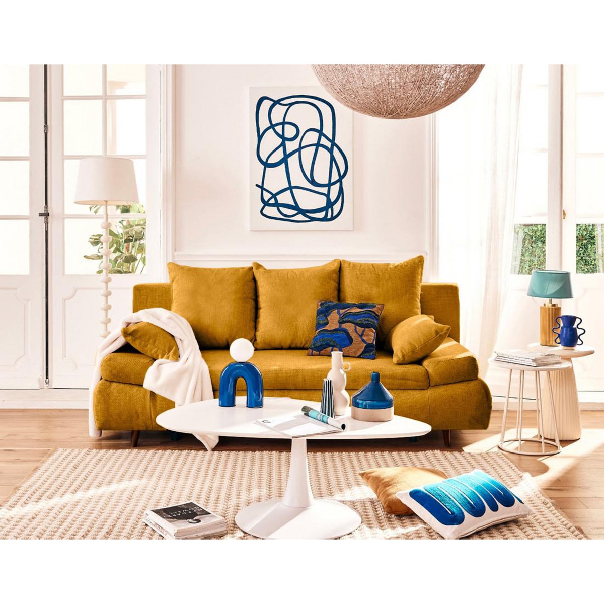 BEST MOBILIER Larson - canapé droit 3 places convertible avec coffre en velours texturé