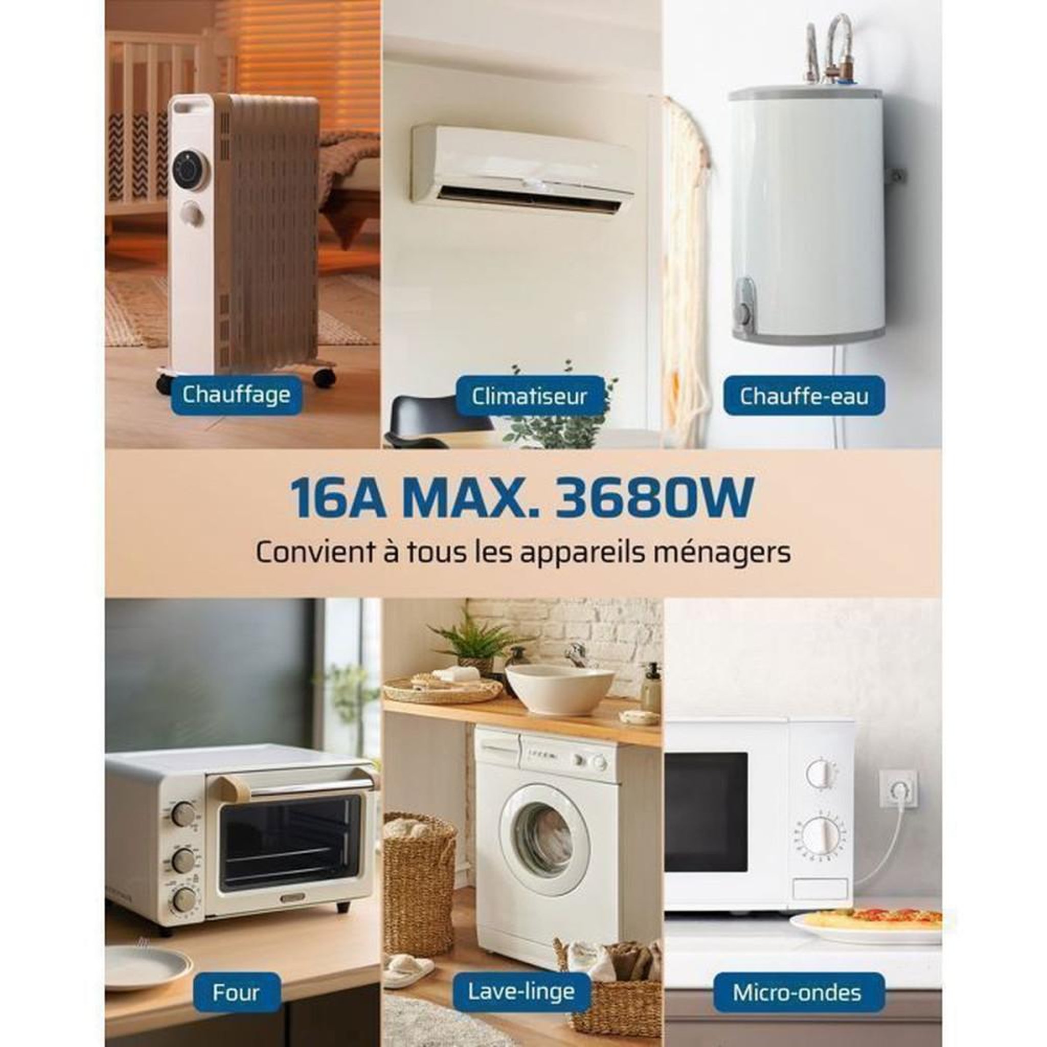 Voir la diapositive 4 : Prise mini commandée à distance RF préprogrammée EU type E/F blanche 230 V 16 A 3680 W, portée jusqu'à 30 m, ON/OFF télécommande